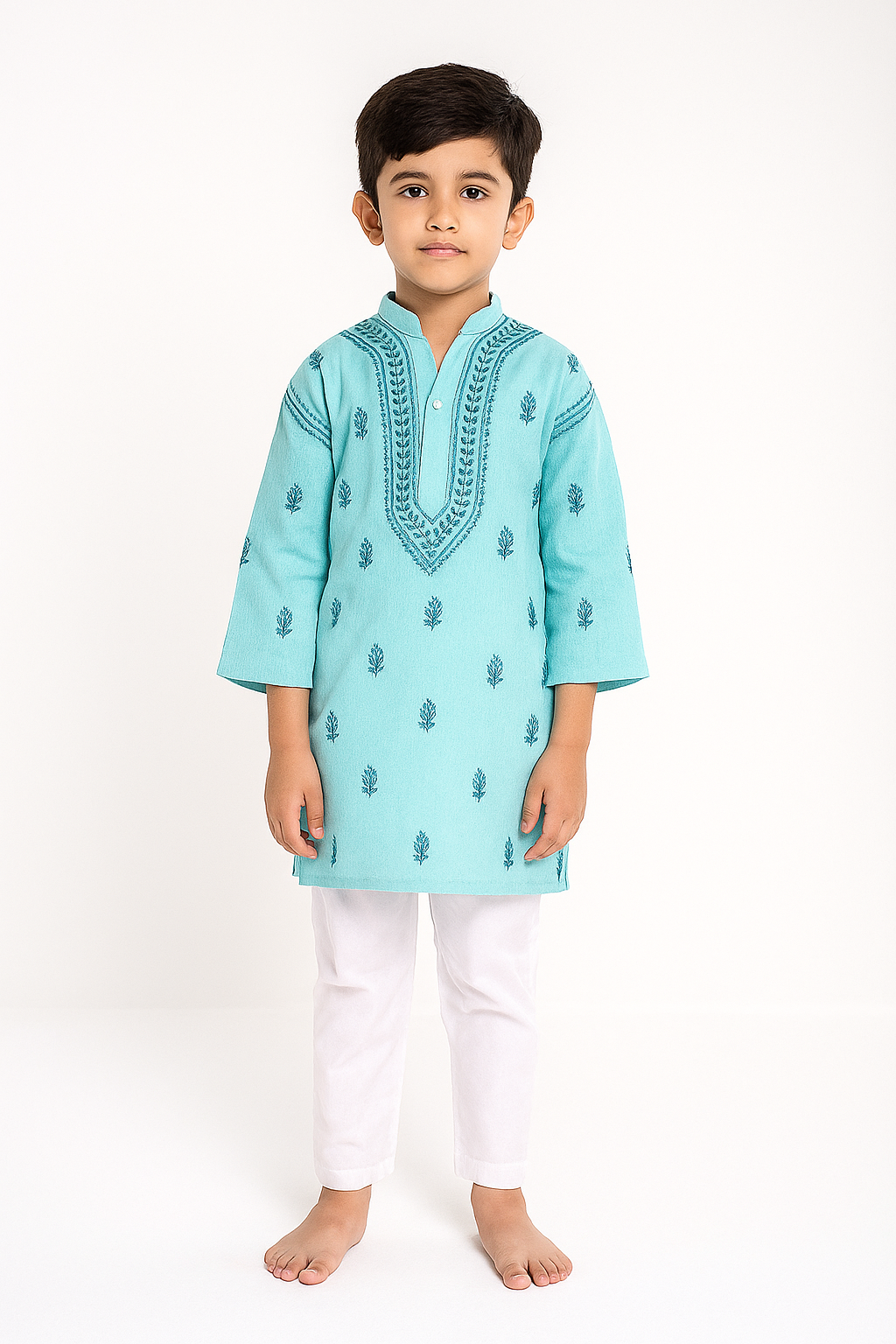 Silakaari Anas Turquoise Pure Lucknowi Chikankari Kurta Pyjama Set For Boys