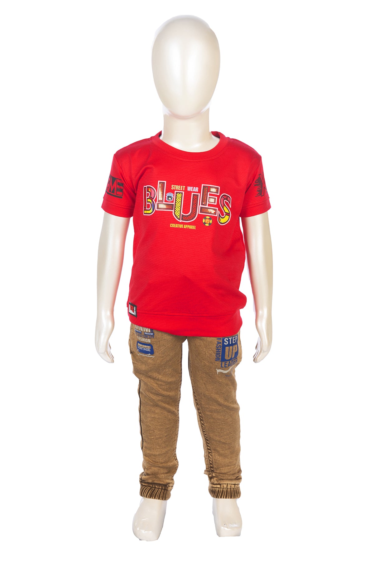 Silakaari Brick Red T-Shirt With Beige Denim Jeans Set For Boys