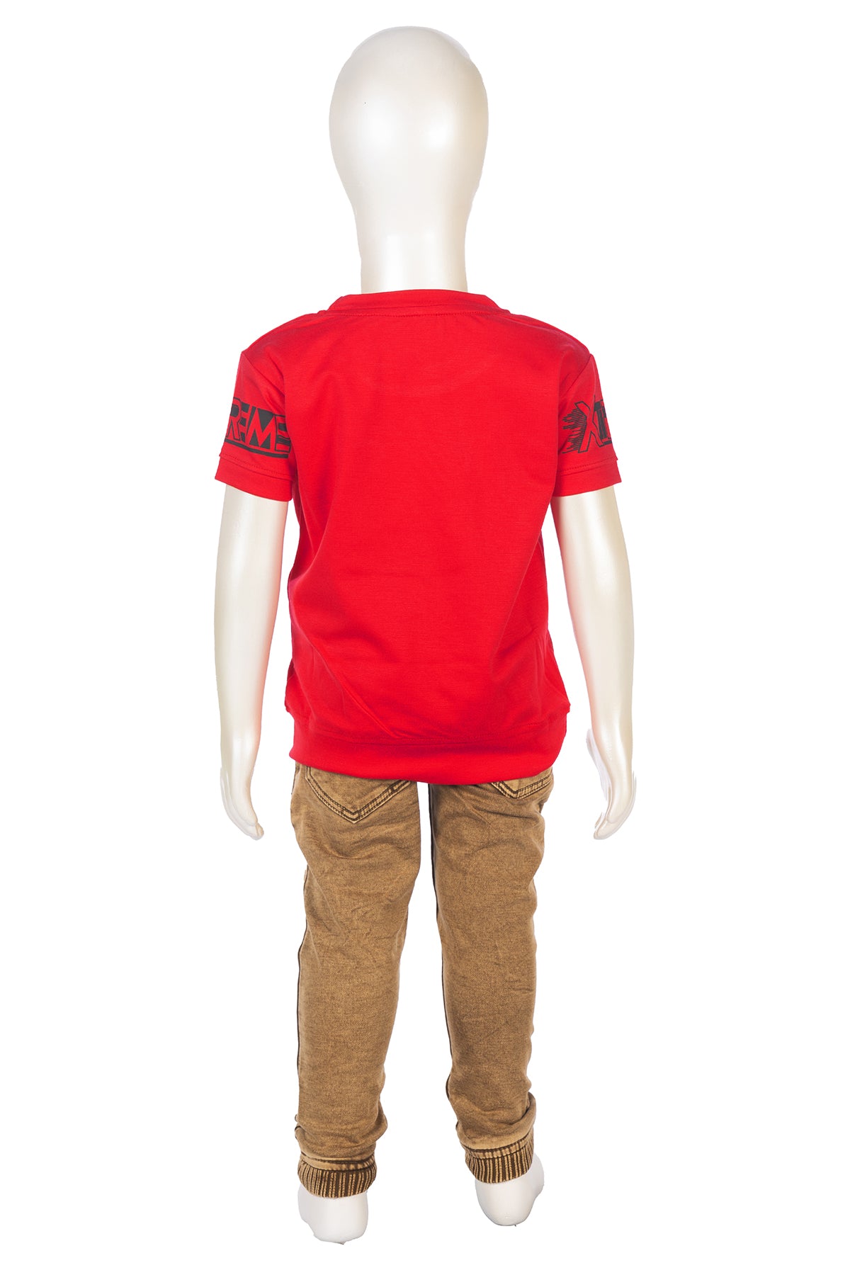 Silakaari Brick Red T-Shirt With Beige Denim Jeans Set For Boys