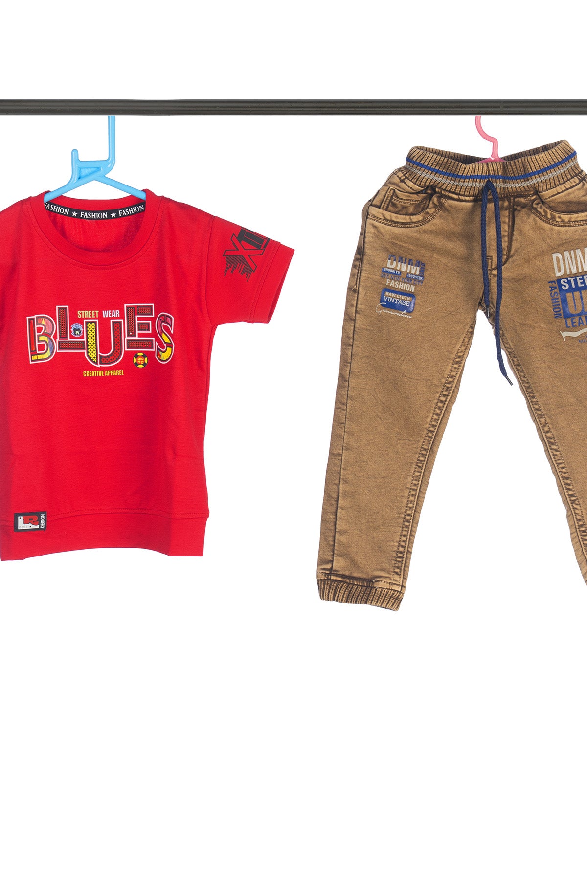 Silakaari Brick Red T-Shirt With Beige Denim Jeans Set For Boys