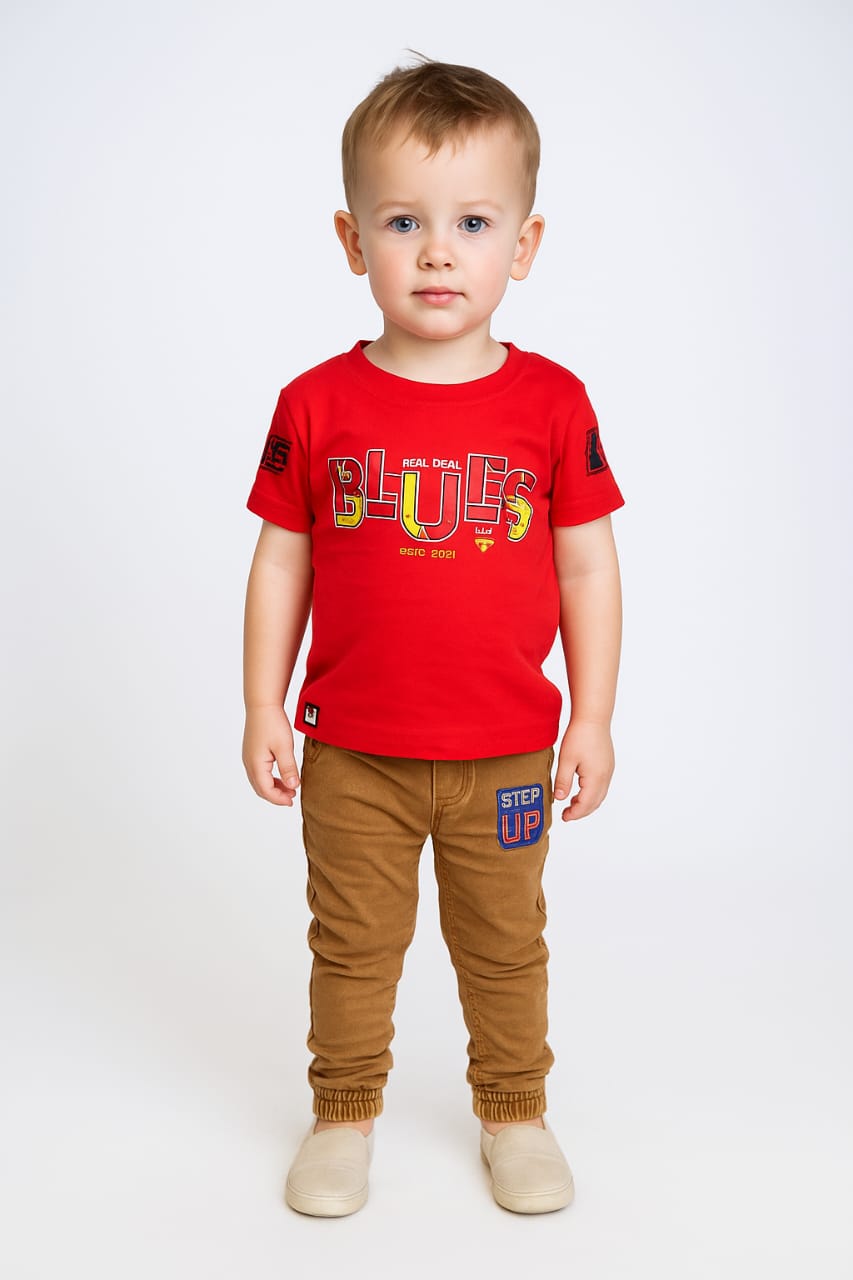 Silakaari Brick Red T-Shirt With Beige Denim Jeans Set For Boys