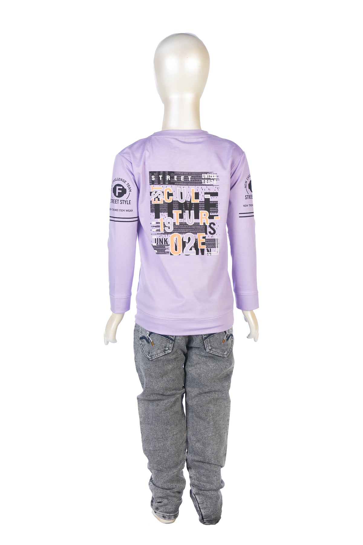 Silakaari Boker Purple T-Shirt With Grey Denim Jeans Set For Boys