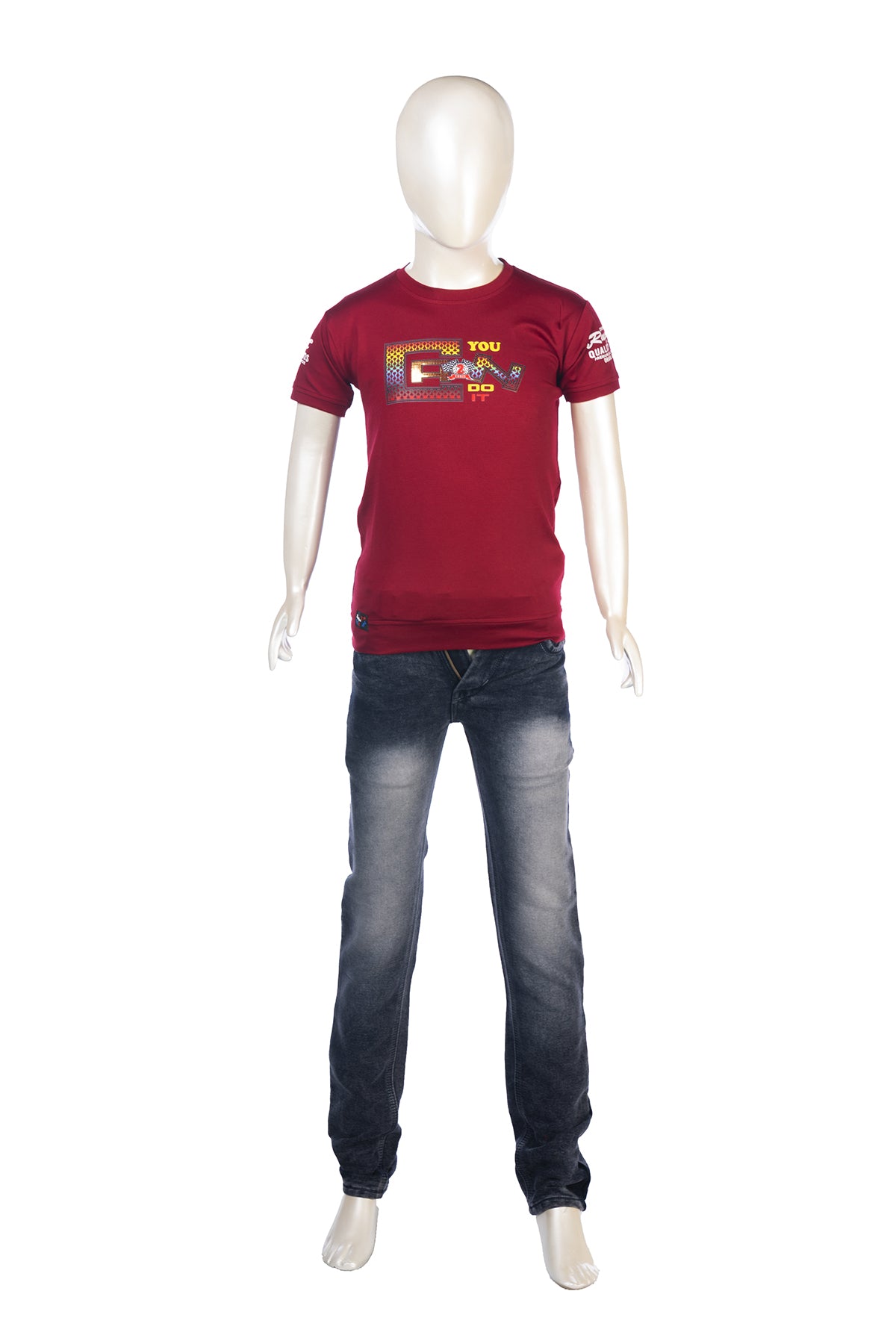 Silakaari Harden Maroon T-Shirt With Black Cargo Denim Jeans Set For Boys