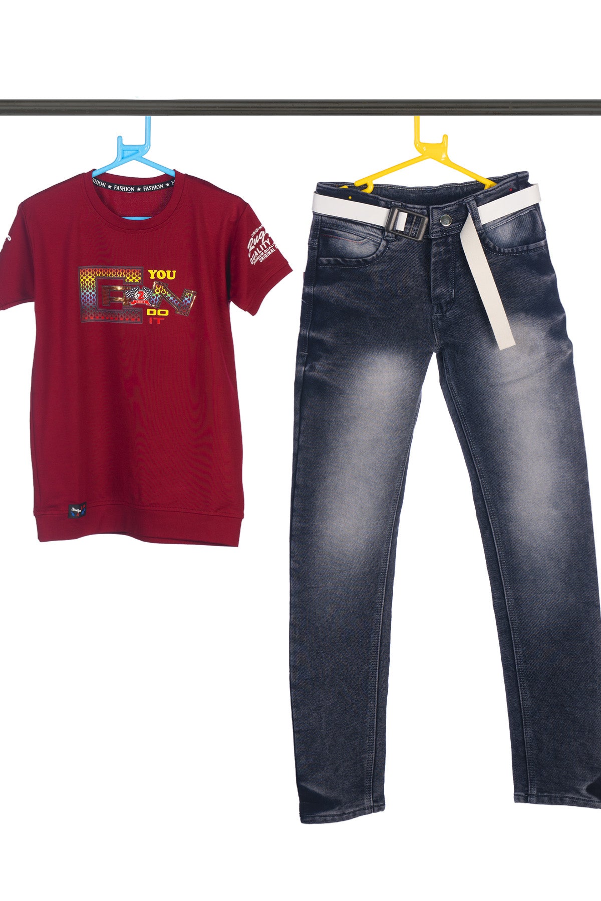 Silakaari Harden Maroon T-Shirt With Black Cargo Denim Jeans Set For Boys