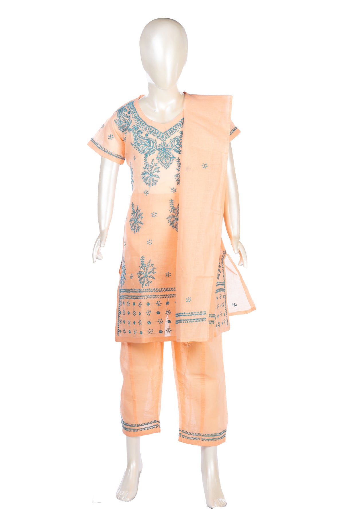 Silakaari Cyna Peach-Green Pure Cotton Lucknowi ChikanKari Kurti Pant With Dupatta Set For Girls