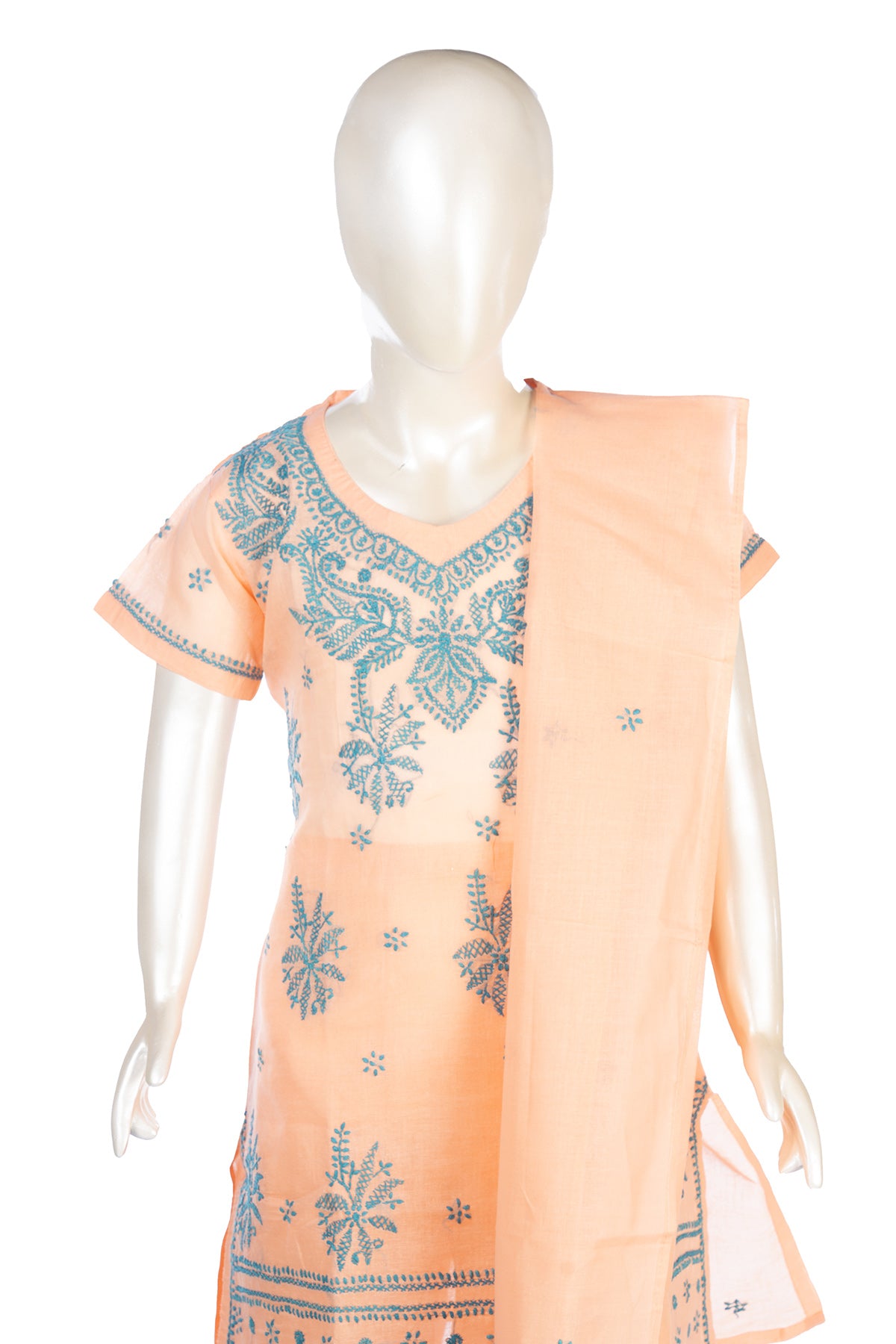 Silakaari Cyna Peach-Green Pure Cotton Lucknowi ChikanKari Kurti Pant With Dupatta Set For Girls