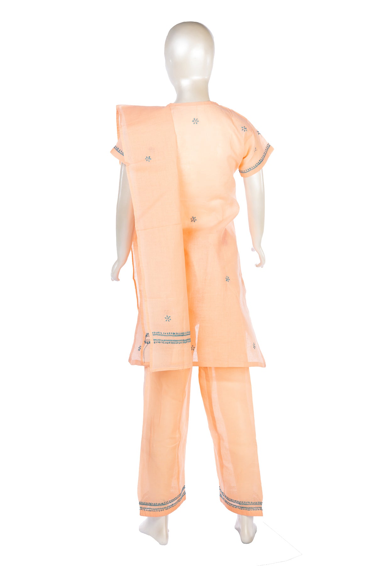 Silakaari Cyna Peach-Green Pure Cotton Lucknowi ChikanKari Kurti Pant With Dupatta Set For Girls