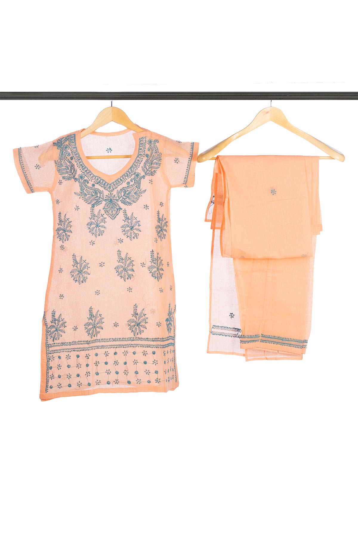 Silakaari Cyna Peach-Green Pure Cotton Lucknowi ChikanKari Kurti Pant With Dupatta Set For Girls