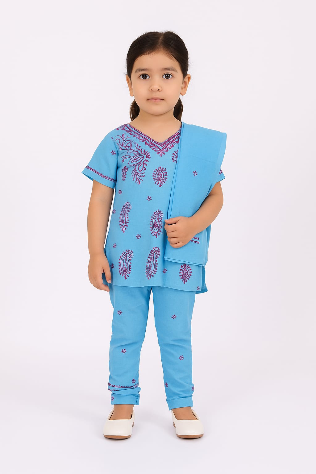 Silakaari Anarya Blue-Pink Pure Cotton Lucknowi ChikanKari Kurti Pant With Dupatta Set For Girls