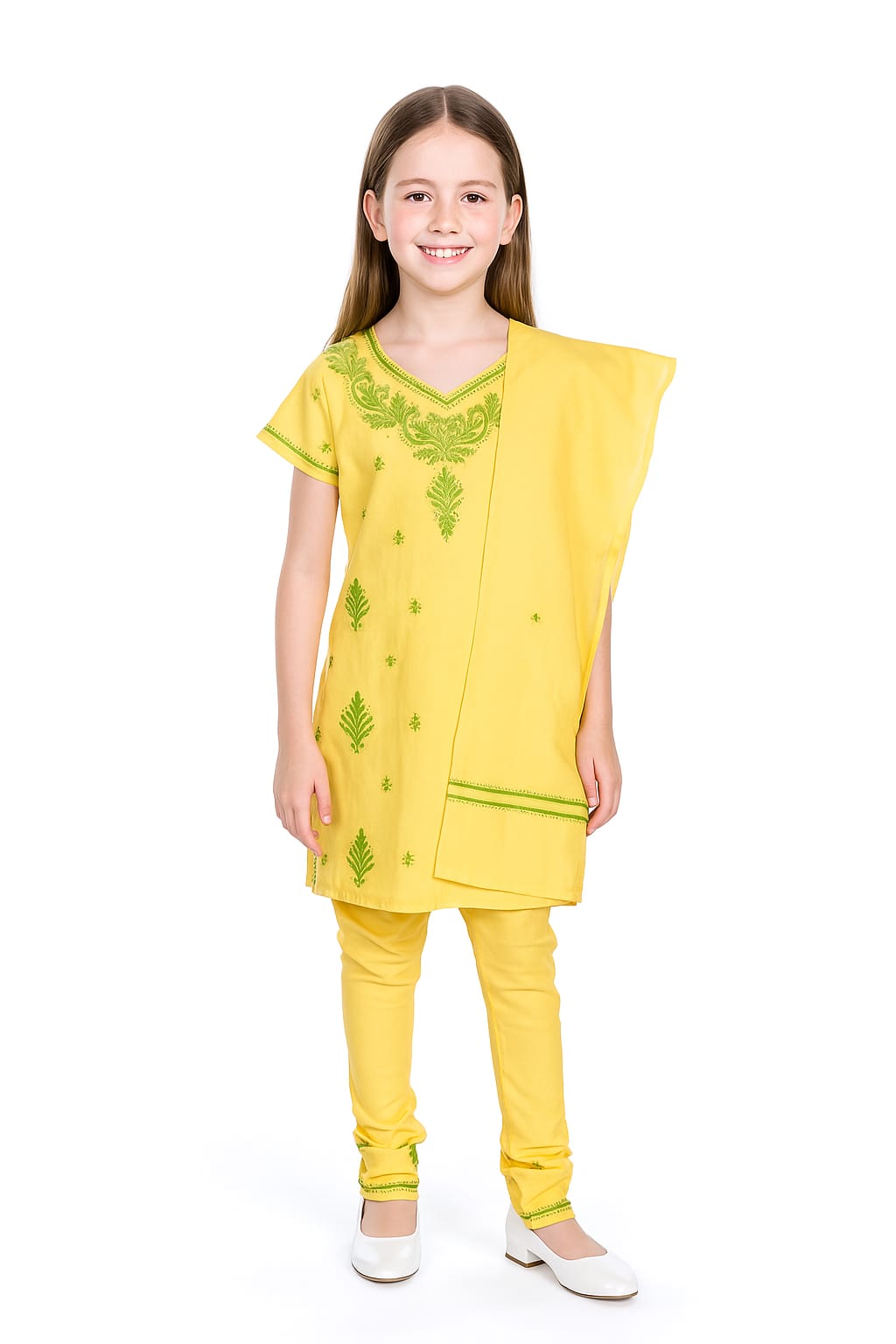 Silakaari Aabida Yellow-Green Pure Cotton Lucknowi ChikanKari Kurti Pant With Dupatta Set For Girls