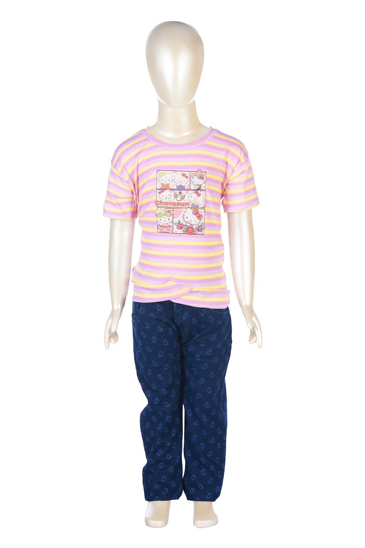 Silakaari Alvira Pink Kitty T-Shirt With Blue bear printed Denim Jeans Set For Girls