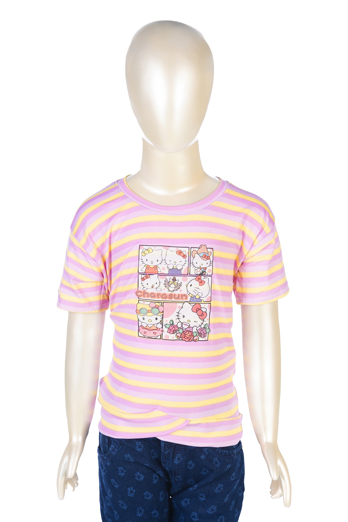 Silakaari Alvira Pink Kitty T-Shirt With Blue bear printed Denim Jeans Set For Girls