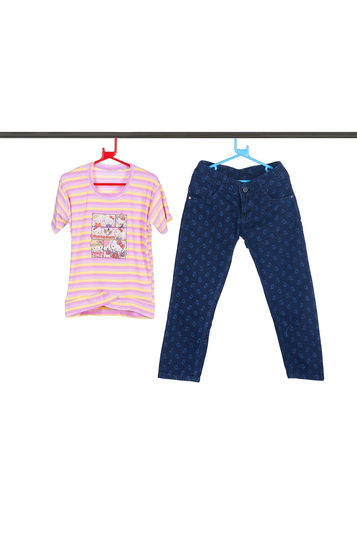 Silakaari Alvira Pink Kitty T-Shirt With Blue bear printed Denim Jeans Set For Girls