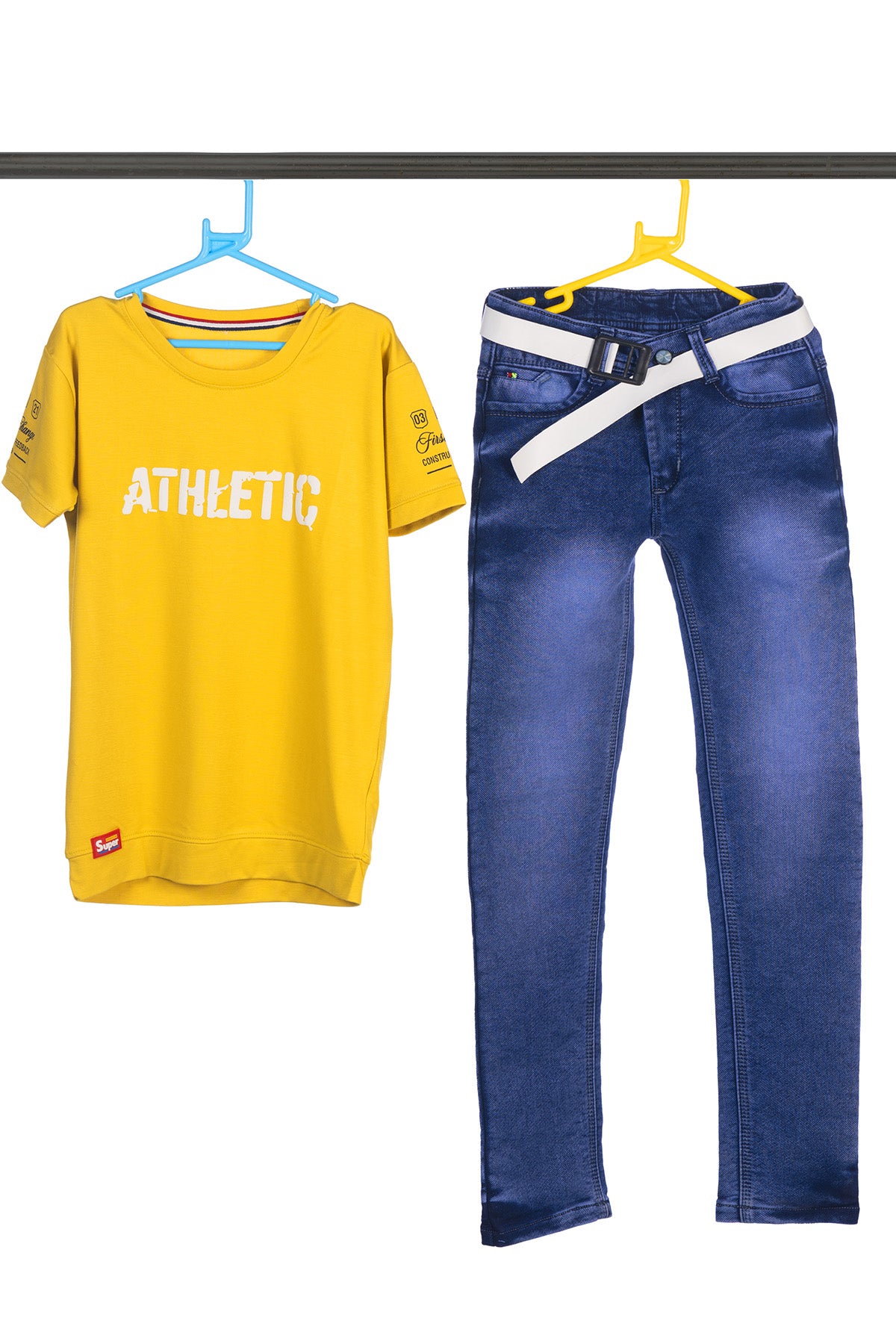 Silakaari Beck Mustard T-Shirt With Blue Solid Denim Jeans Set For Boys