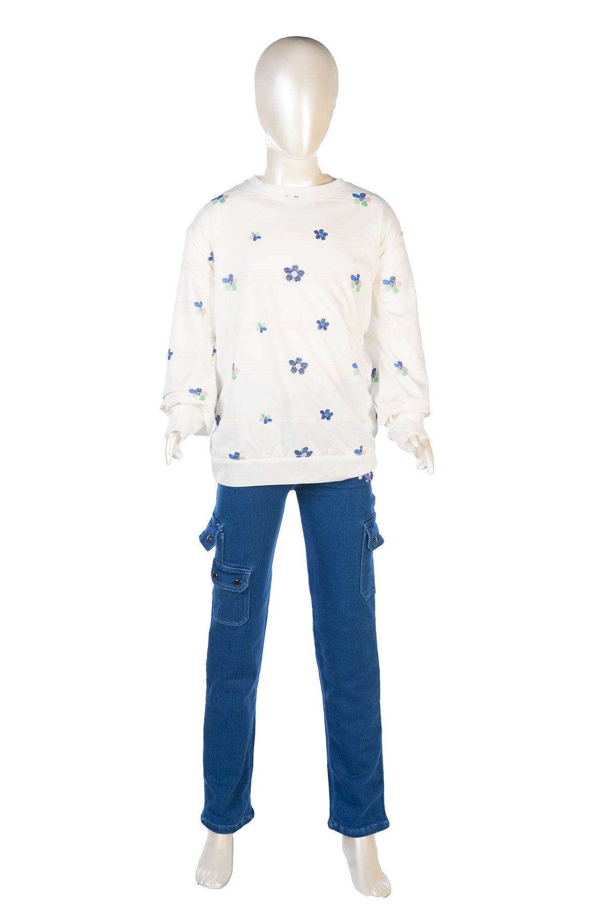 Silakaari Minha White Floral T-Shirt With Denim Baggy Side Pockets Jeans Set for Girls