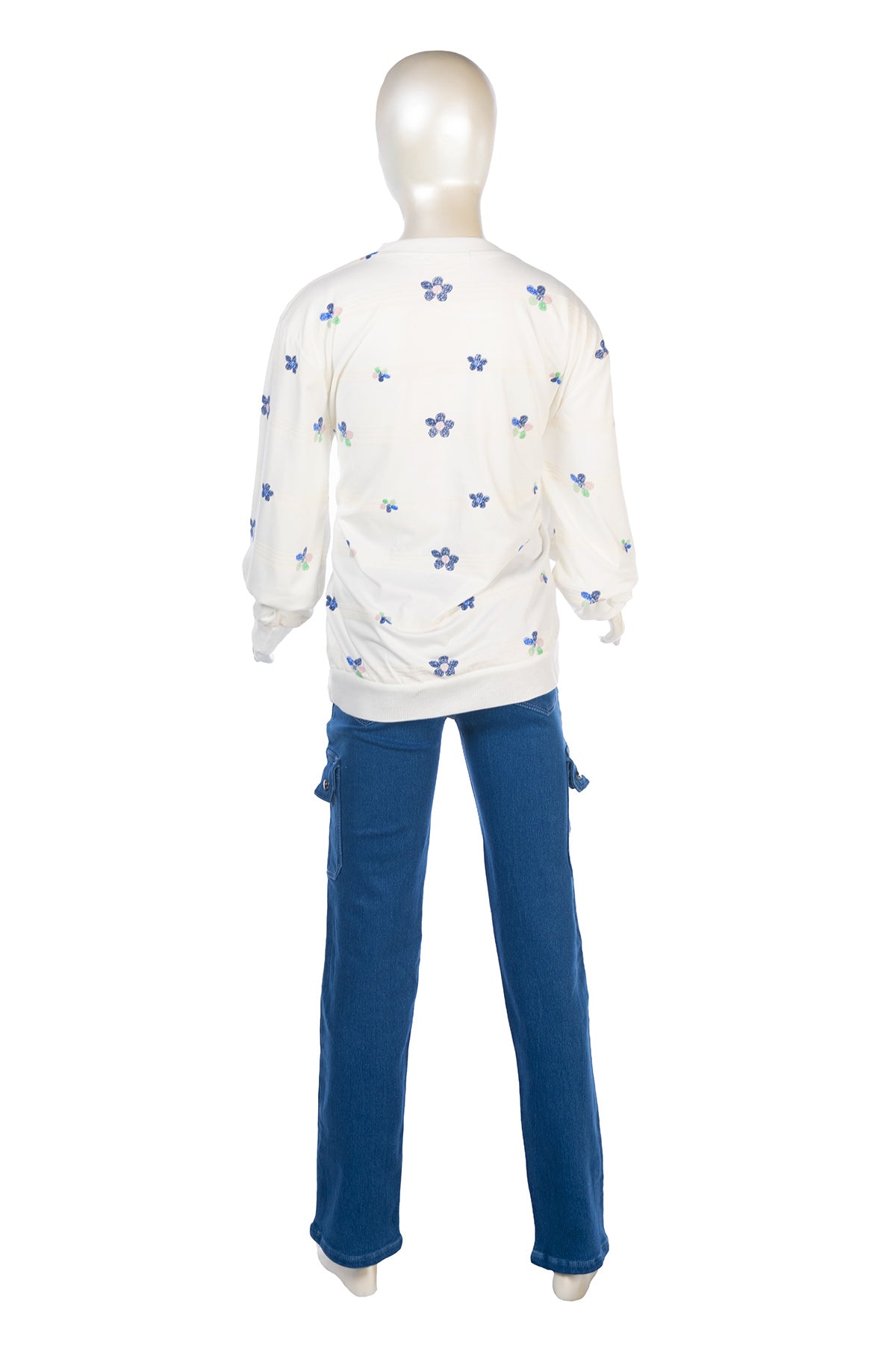 Silakaari Minha White Floral T-Shirt With Denim Baggy Side Pockets Jeans Set for Girls
