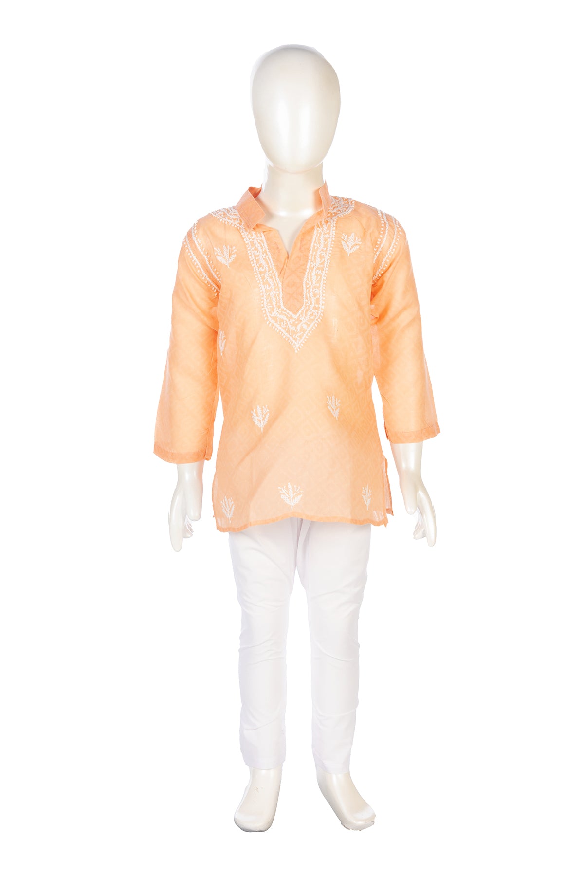Silakaari Kabir Peach-White Pure Lucknowi Chikankari Kurta Pyjama Set For Boys