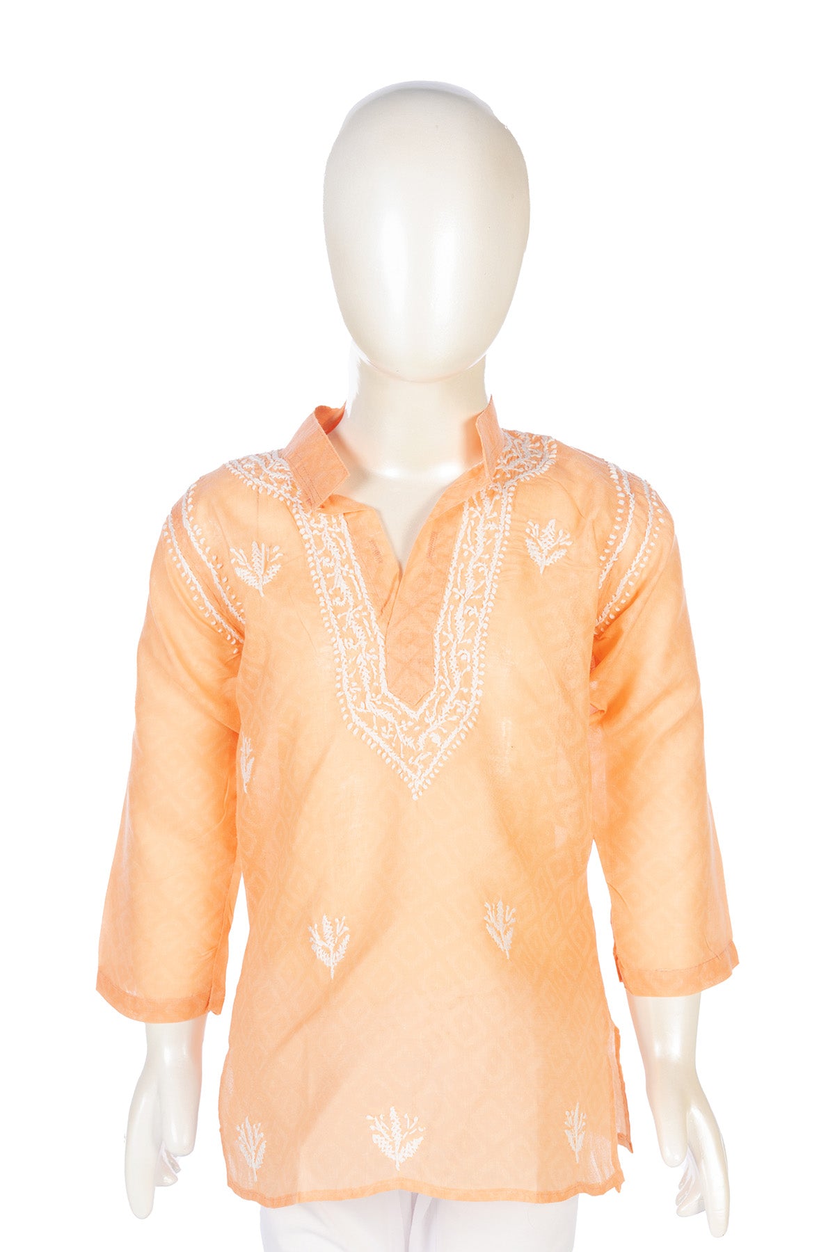 Silakaari Kabir Peach-White Pure Lucknowi Chikankari Kurta Pyjama Set For Boys