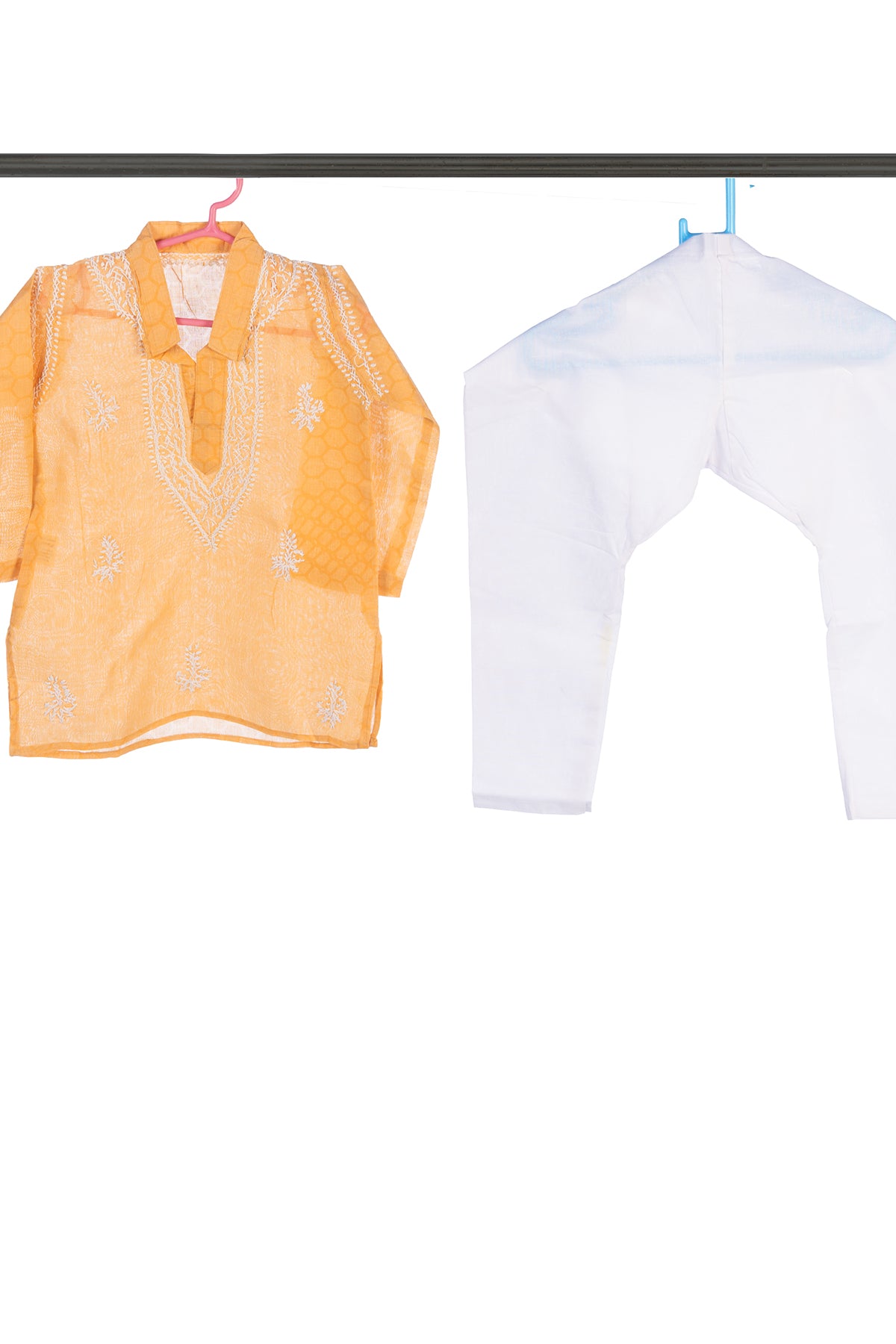 Silakaari Kabir Peach-White Pure Lucknowi Chikankari Kurta Pyjama Set For Boys