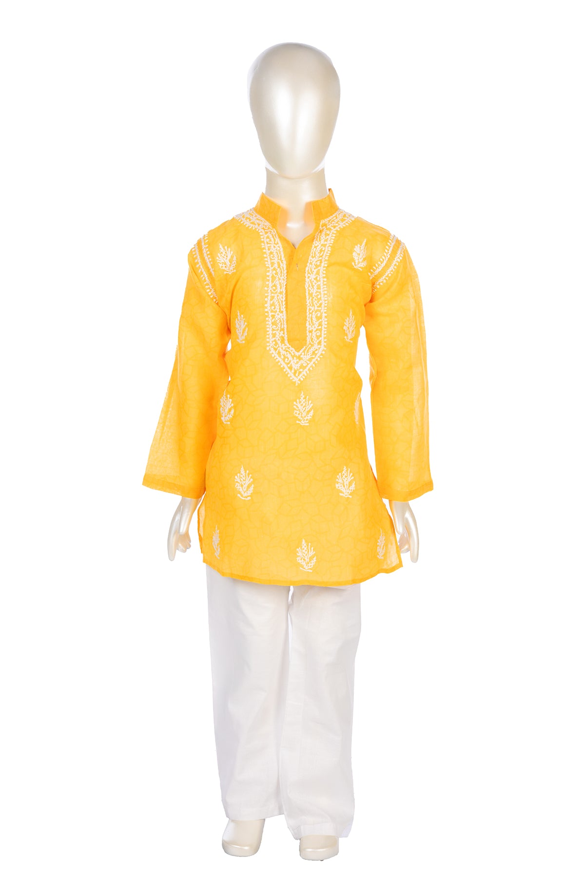 Silakaari Krrish Yellow-White Pure Lucknowi Chikankari Kurta Pyjama Set For Boys