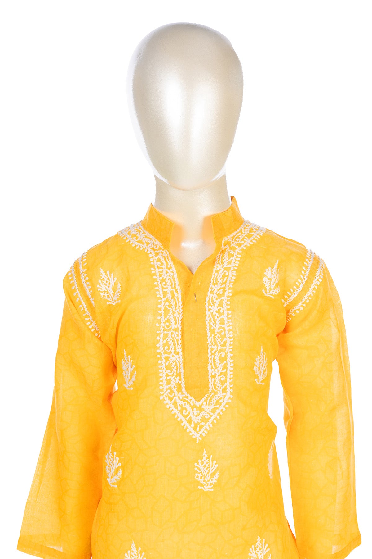 Silakaari Krrish Yellow-White Pure Lucknowi Chikankari Kurta Pyjama Set For Boys