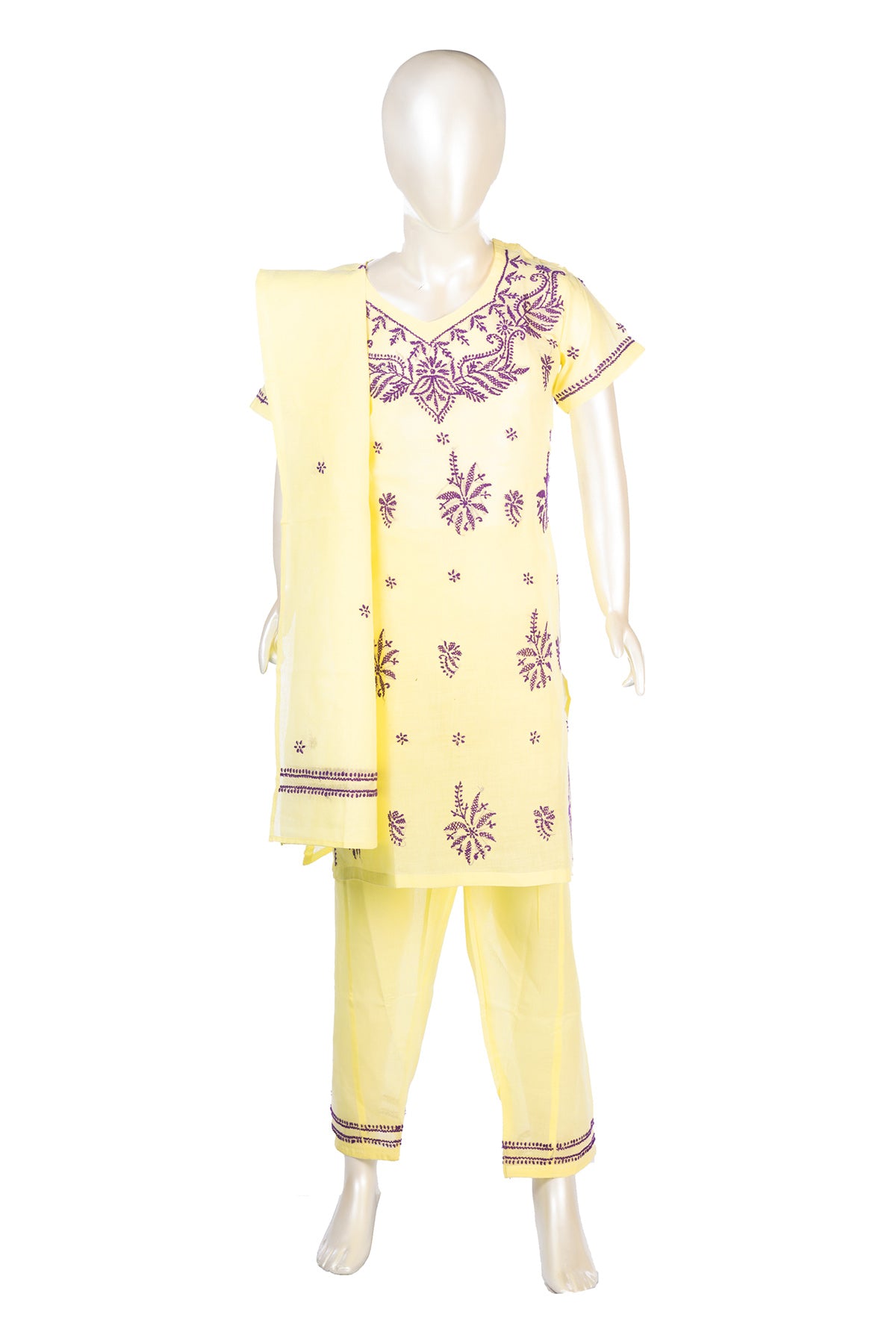 Silakaari Samaira Yellow-Violet Pure Cotton Lucknowi ChikanKari Kurti Pant With Dupatta Set For Girls