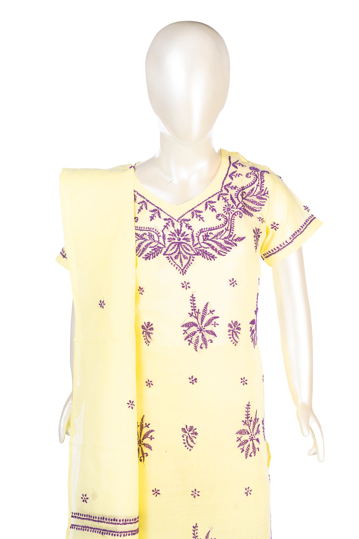 Silakaari Samaira Yellow-Violet Pure Cotton Lucknowi ChikanKari Kurti Pant With Dupatta Set For Girls