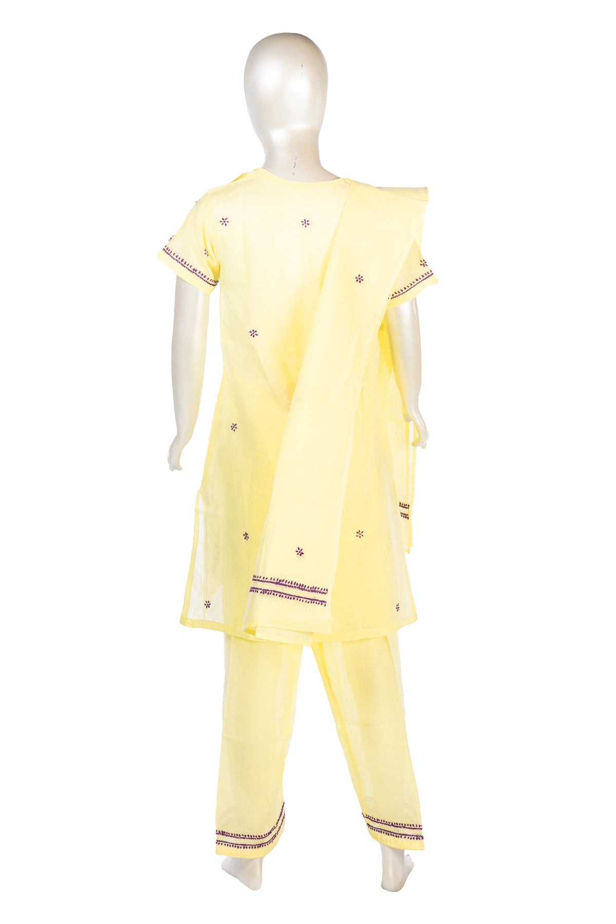 Silakaari Samaira Yellow-Violet Pure Cotton Lucknowi ChikanKari Kurti Pant With Dupatta Set For Girls