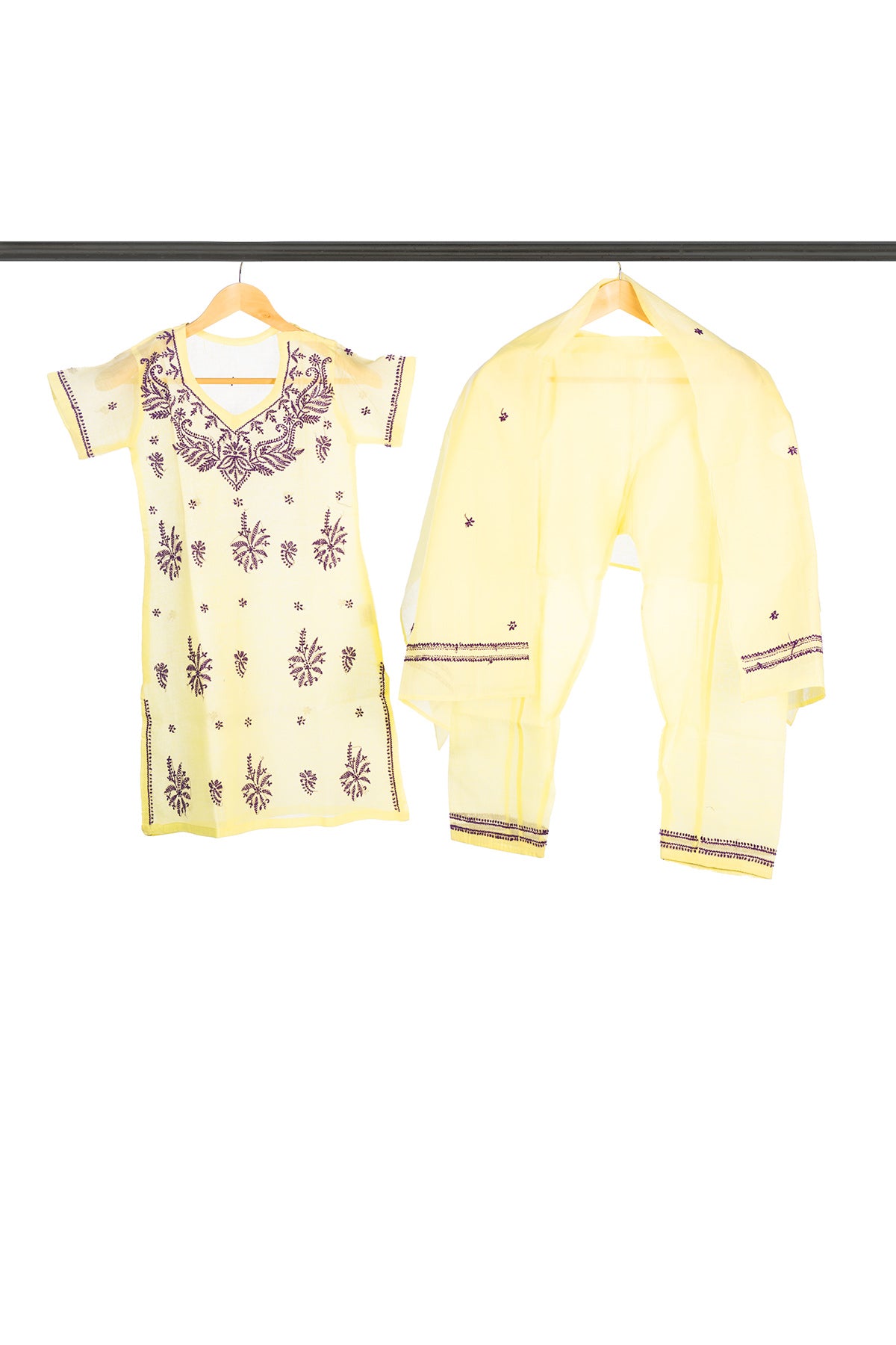 Silakaari Samaira Yellow-Violet Pure Cotton Lucknowi ChikanKari Kurti Pant With Dupatta Set For Girls