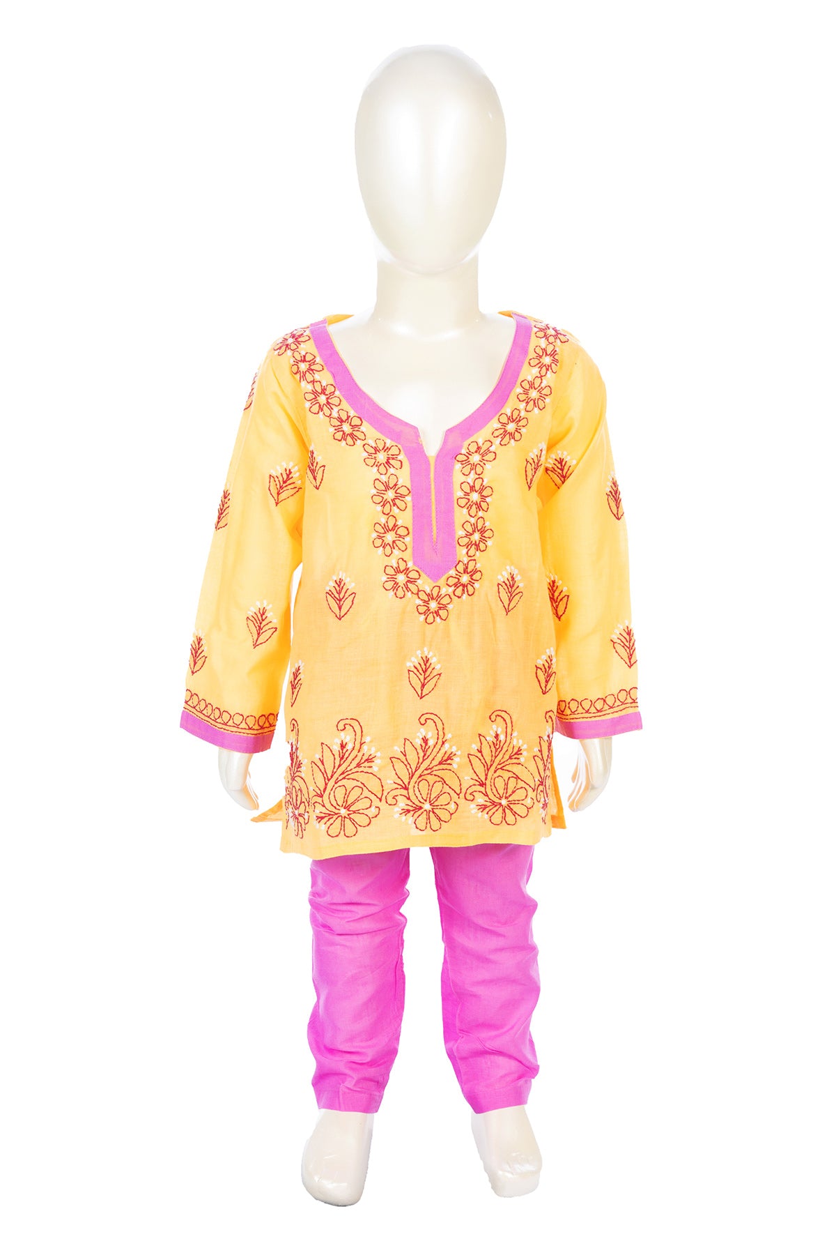 Silakaari Ramsha Yellow-Pink Pure Cotton Lucknowi ChikanKari Kurti Pant Set For Girls
