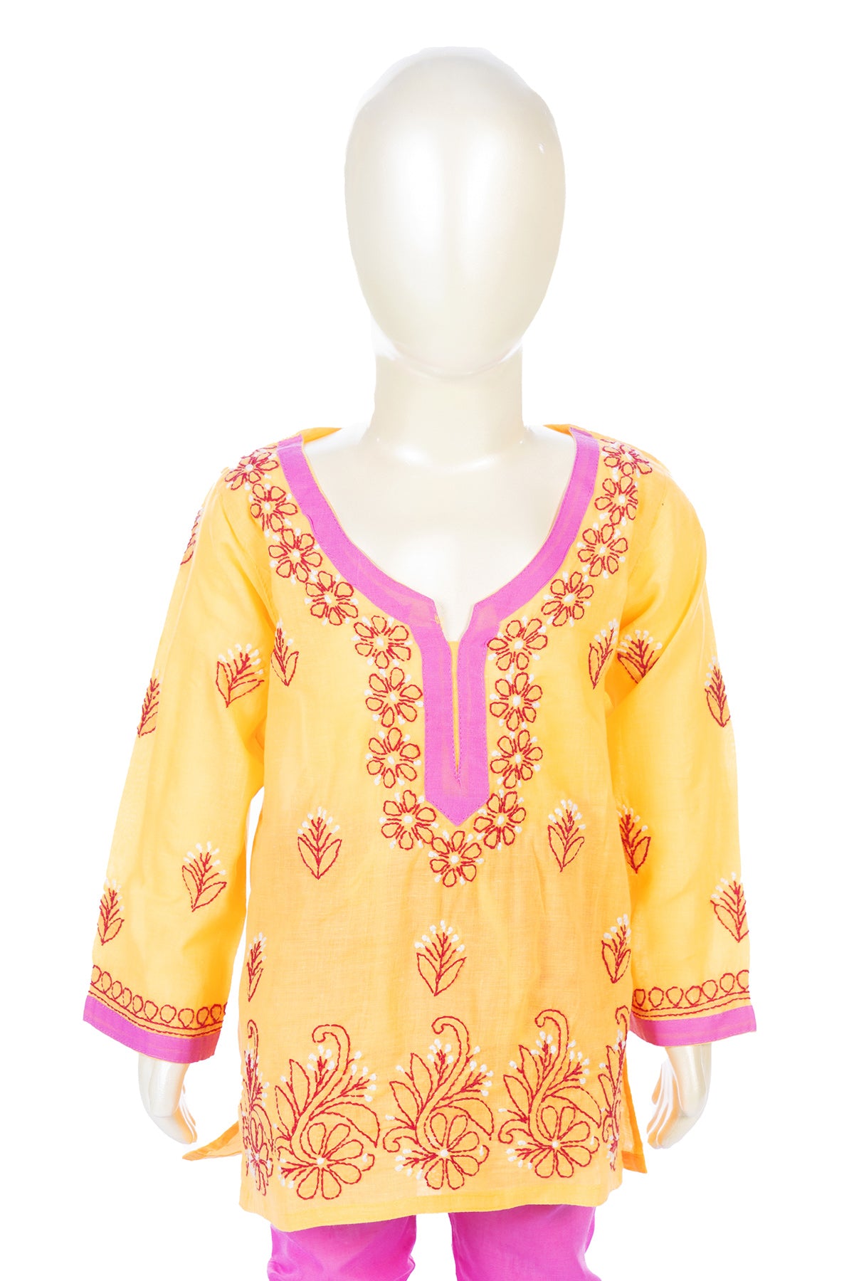 Silakaari Ramsha Yellow-Pink Pure Cotton Lucknowi ChikanKari Kurti Pant Set For Girls