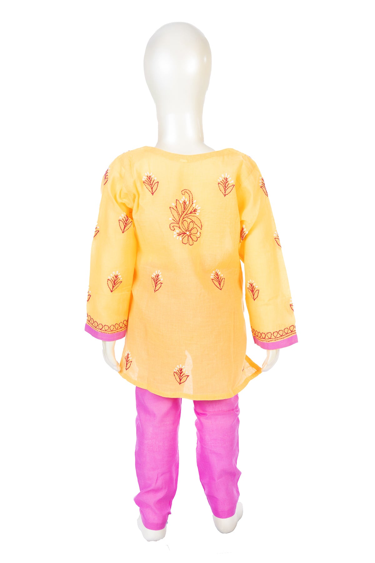 Silakaari Ramsha Yellow-Pink Pure Cotton Lucknowi ChikanKari Kurti Pant Set For Girls