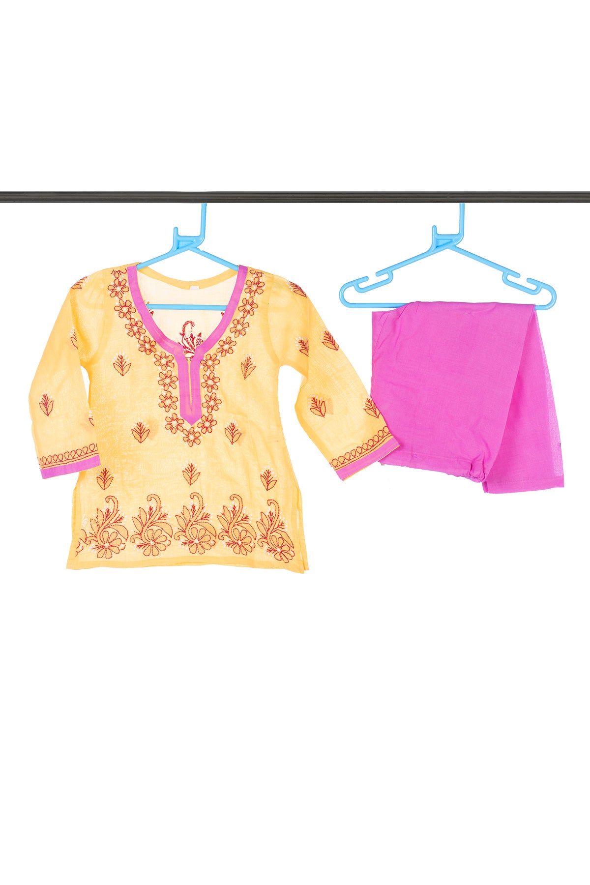 Silakaari Ramsha Yellow-Pink Pure Cotton Lucknowi ChikanKari Kurti Pant Set For Girls