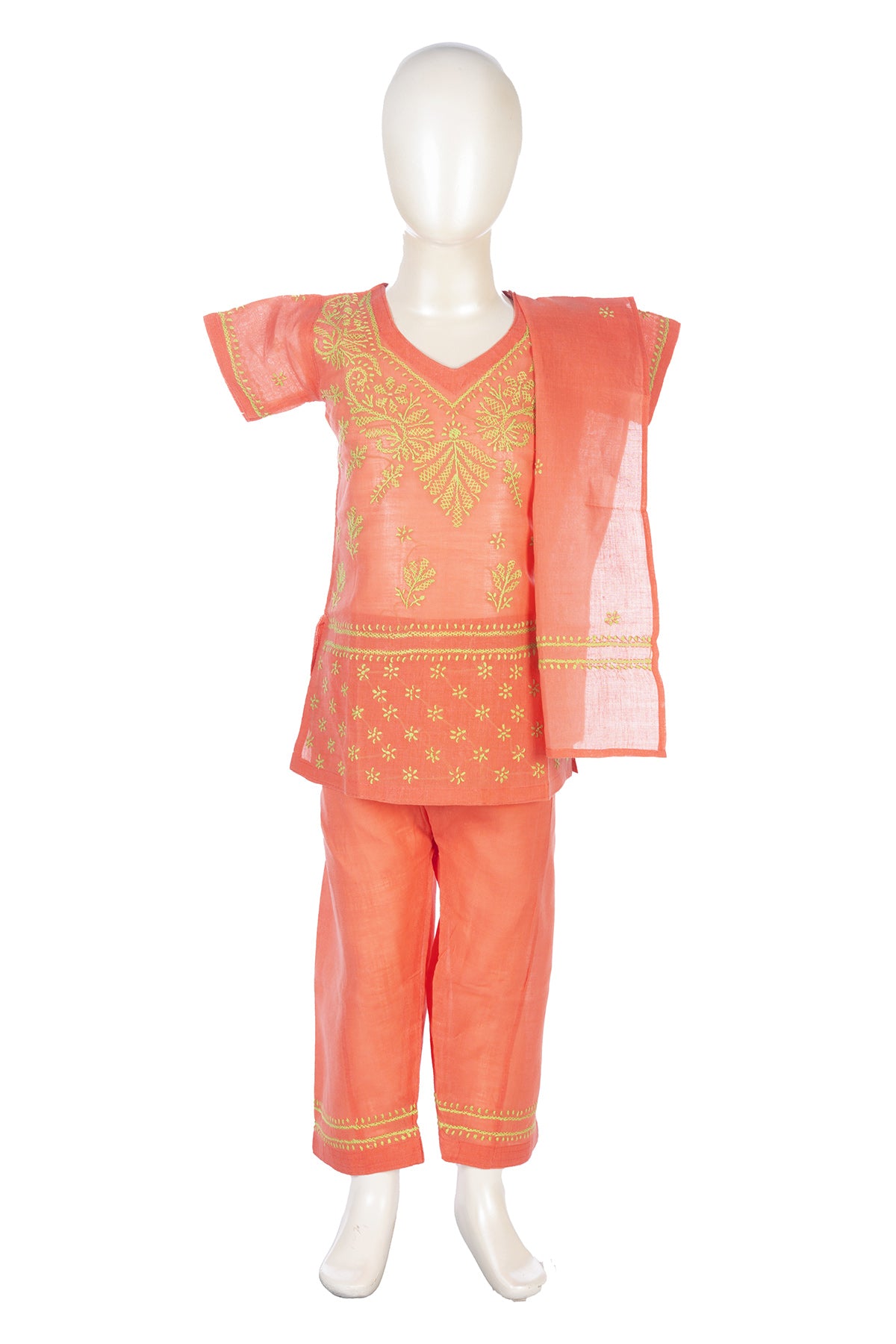 Silakaari Amal Carrot-Green Pure Cotton Lucknowi ChikanKari Kurti Pant With Dupatta Set For Girls