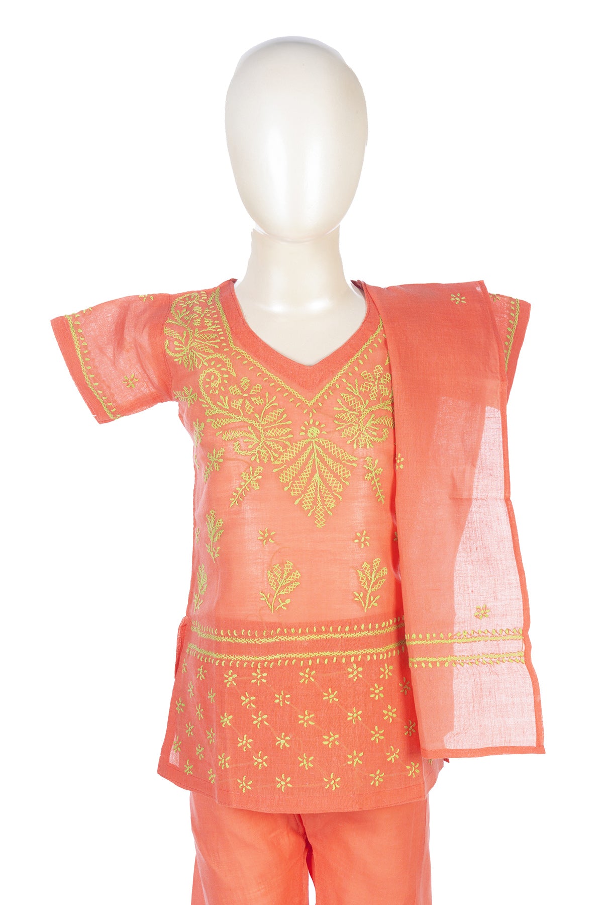 Silakaari Amal Carrot-Green Pure Cotton Lucknowi ChikanKari Kurti Pant With Dupatta Set For Girls