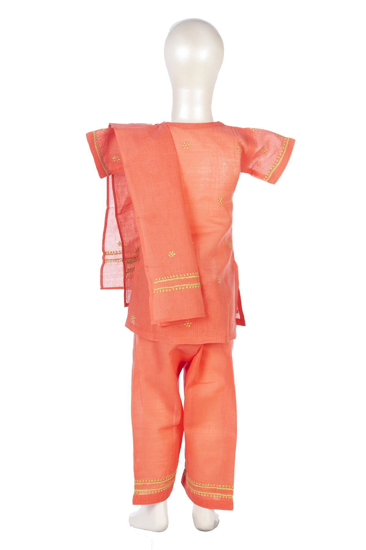 Silakaari Amal Carrot-Green Pure Cotton Lucknowi ChikanKari Kurti Pant With Dupatta Set For Girls