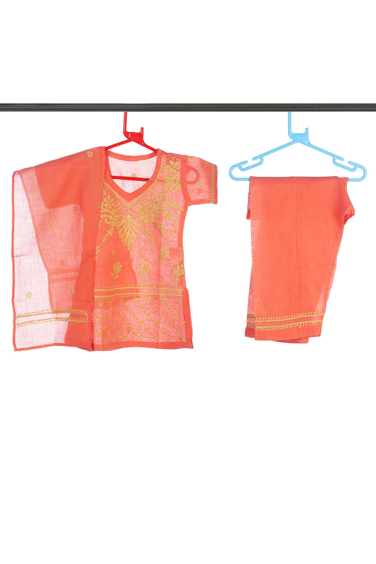 Silakaari Amal Carrot-Green Pure Cotton Lucknowi ChikanKari Kurti Pant With Dupatta Set For Girls