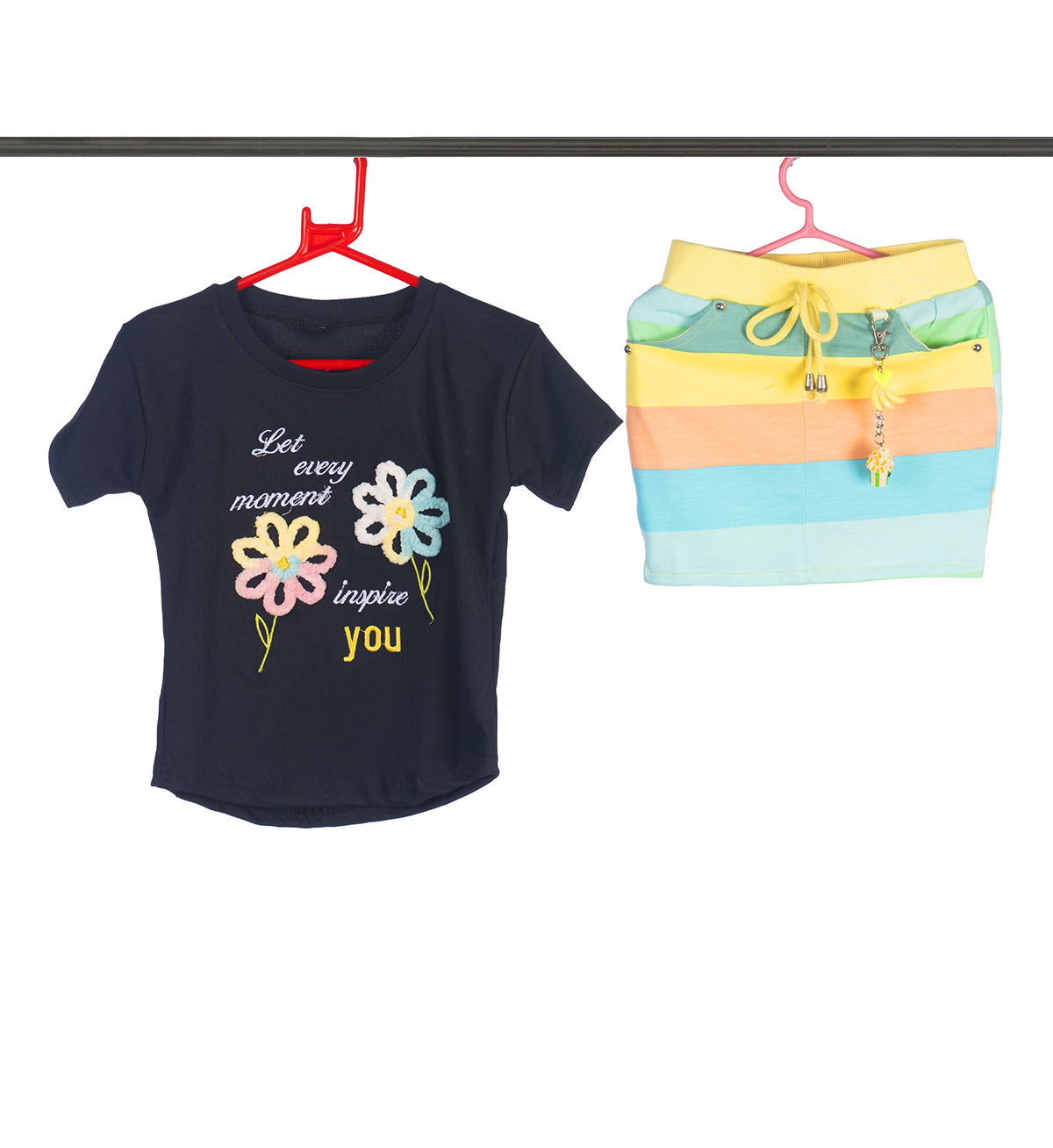 Silakaari Be Happy Black Floral T-Shirt With Multi Color Skirt Set For Girls