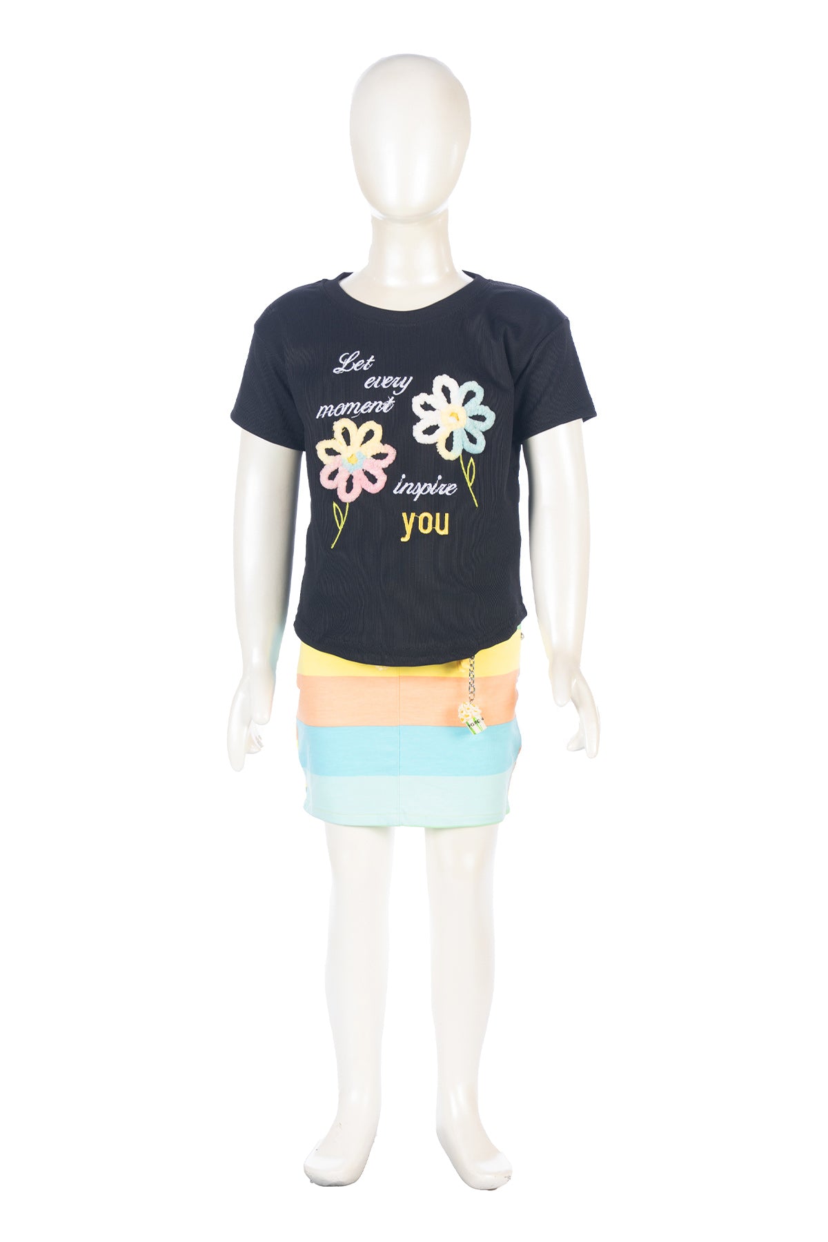 Silakaari Be Happy Black Floral T-Shirt With Multi Color Skirt Set For Girls
