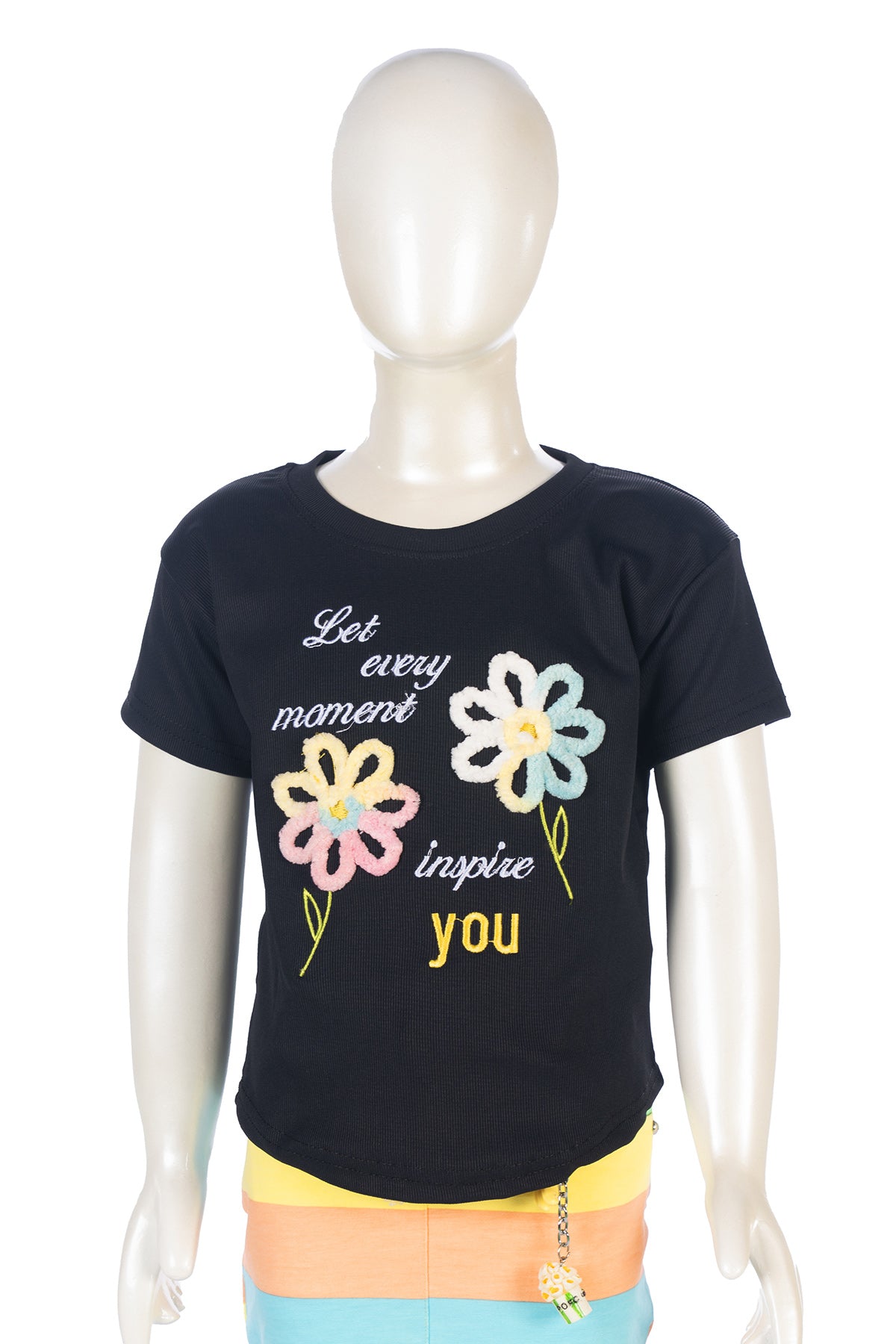 Silakaari Be Happy Black Floral T-Shirt With Multi Color Skirt Set For Girls