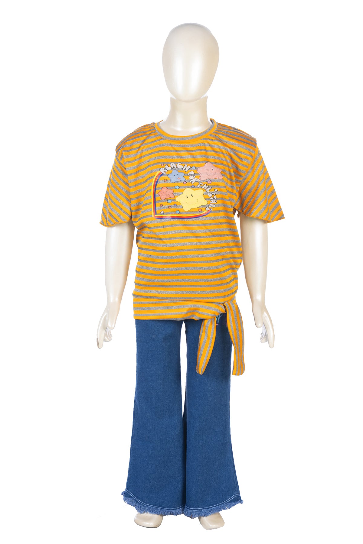 Silakaari Lara Mustard Striped T-Shirt With Bear Printed Denim Jeans Set For Girls