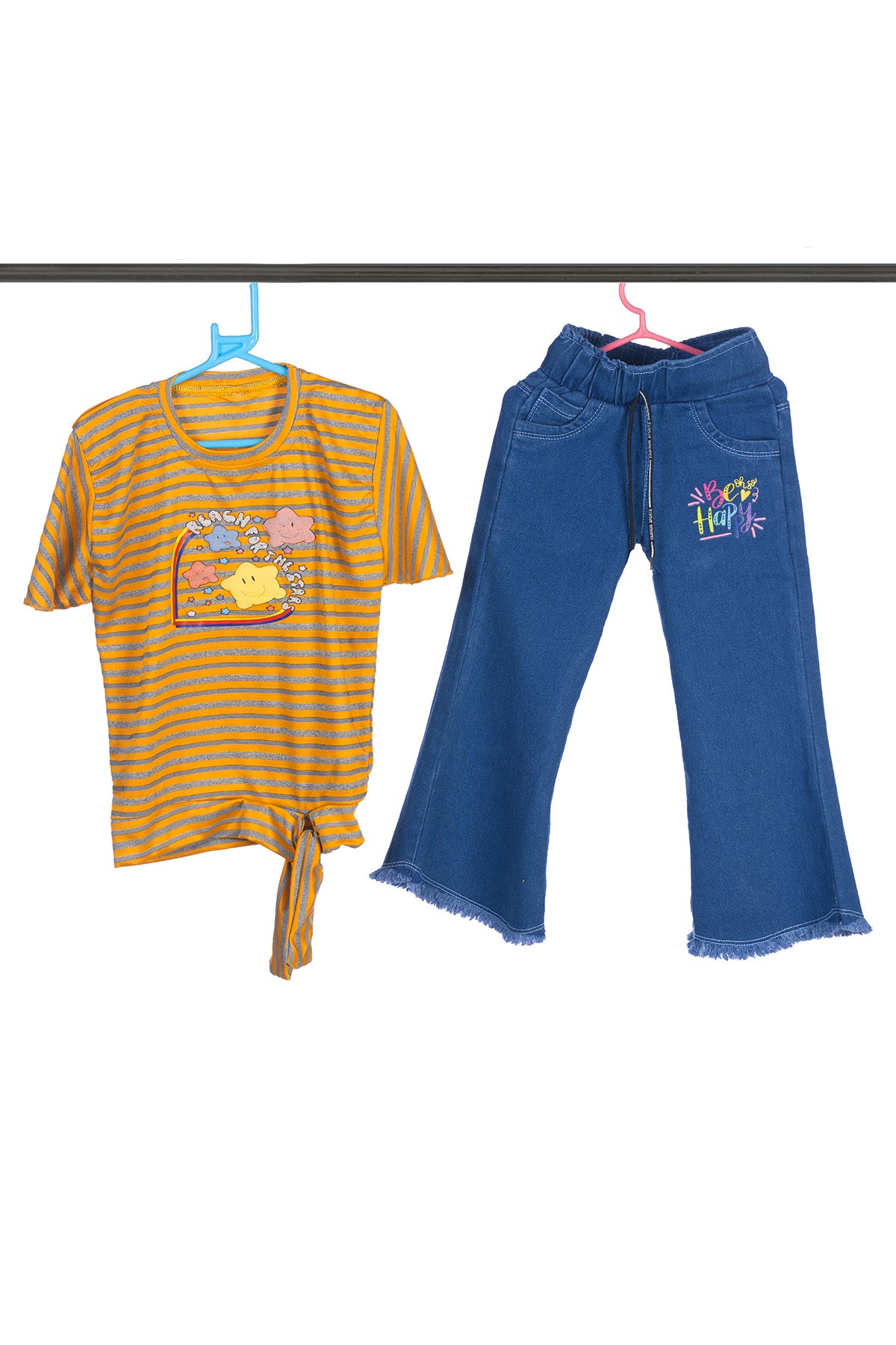 Silakaari Lara Mustard Striped T-Shirt With Bear Printed Denim Jeans Set For Girls