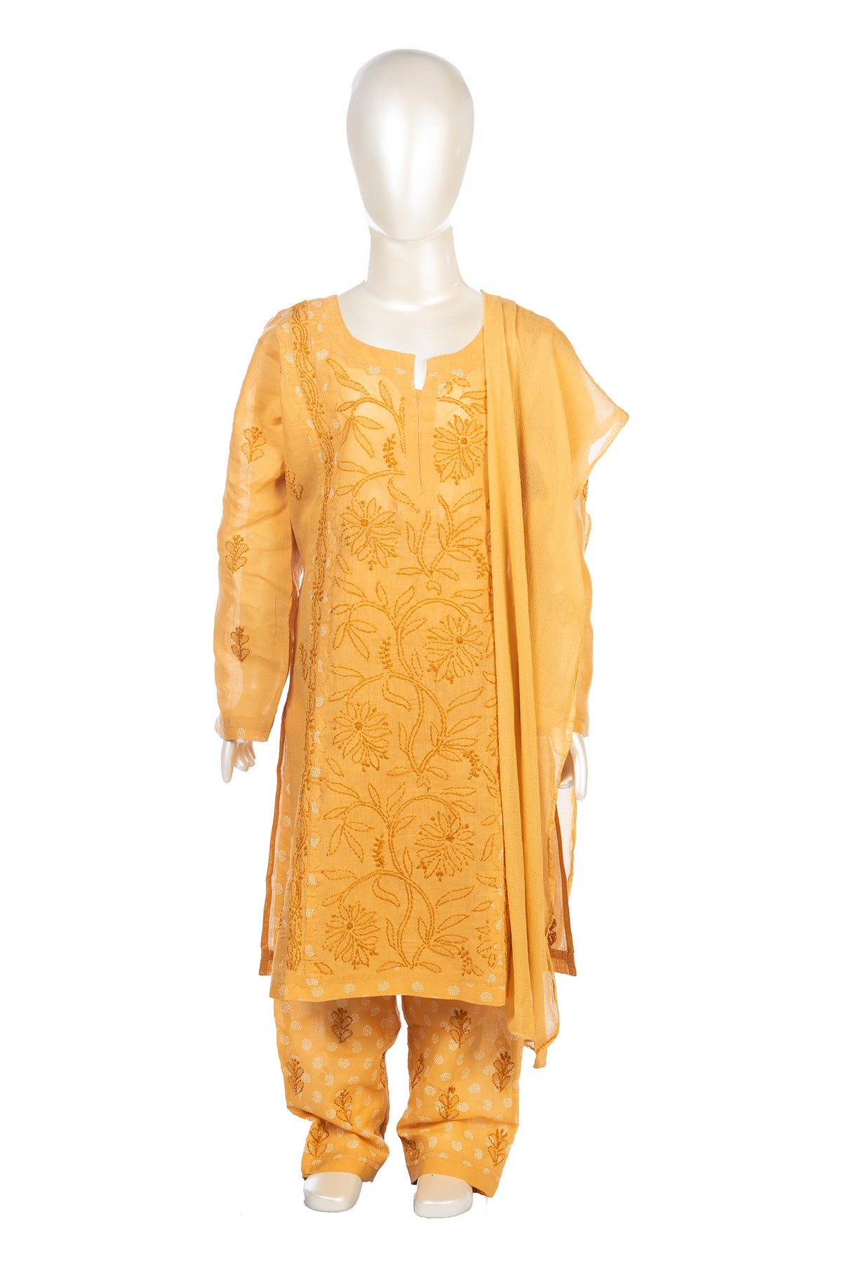 Silakaari Pari Beige-White Pure Cotton Lucknowi ChikanKari Kurti Pant With Dupatta Set For Girls