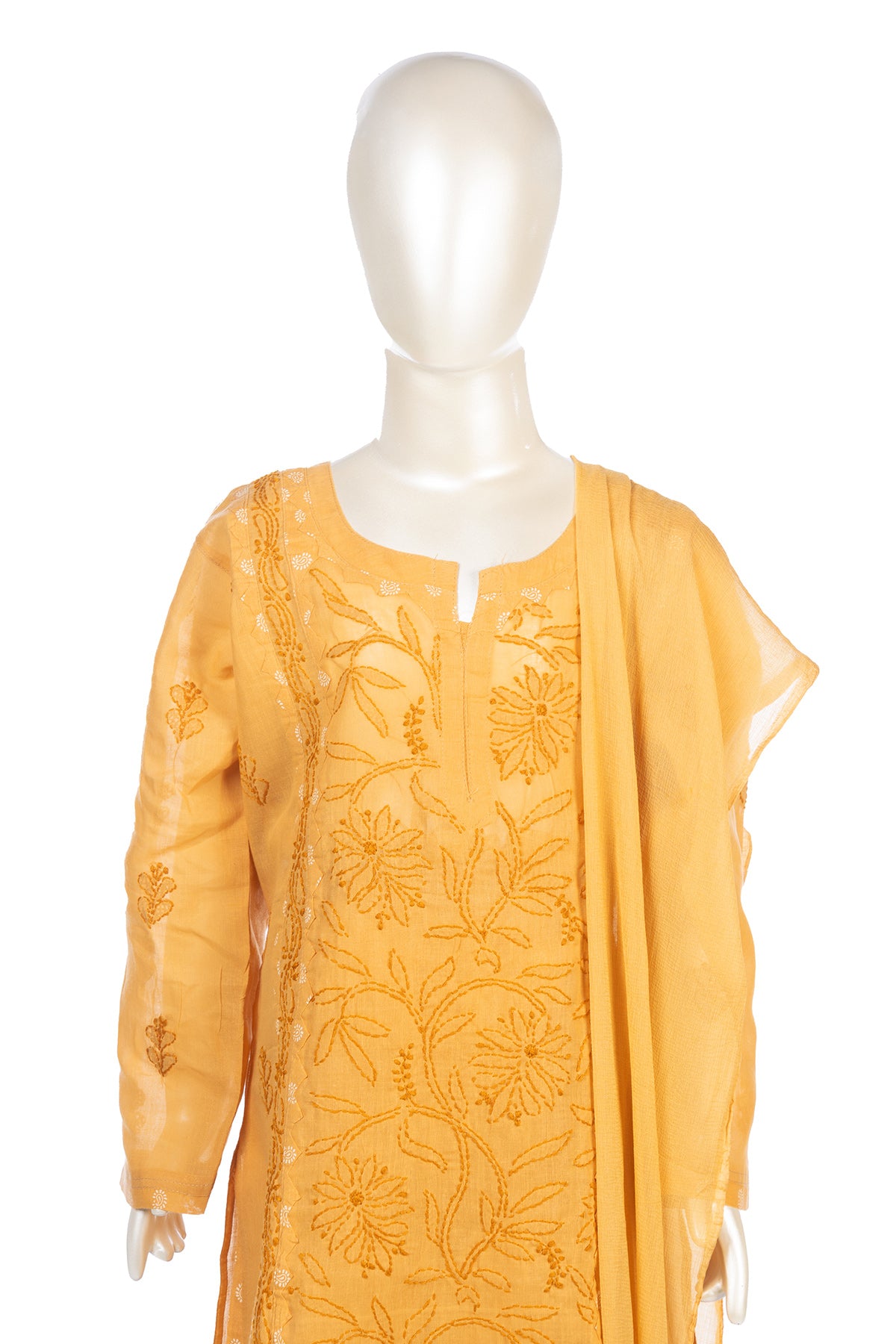 Silakaari Pari Beige-White Pure Cotton Lucknowi ChikanKari Kurti Pant With Dupatta Set For Girls