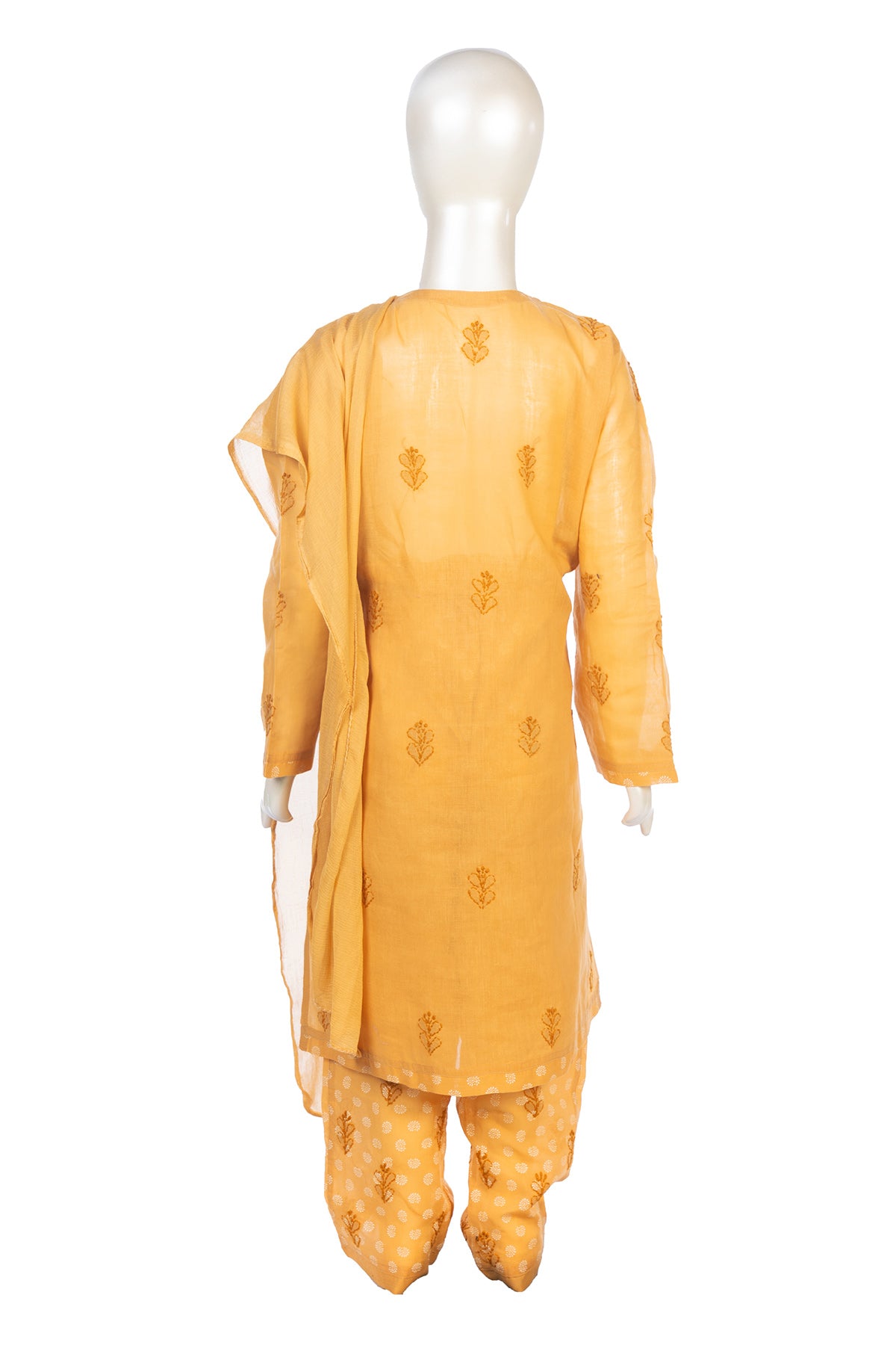 Silakaari Pari Beige-White Pure Cotton Lucknowi ChikanKari Kurti Pant With Dupatta Set For Girls