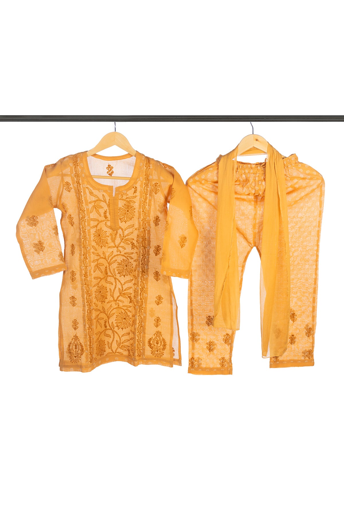 Silakaari Pari Beige-White Pure Cotton Lucknowi ChikanKari Kurti Pant With Dupatta Set For Girls