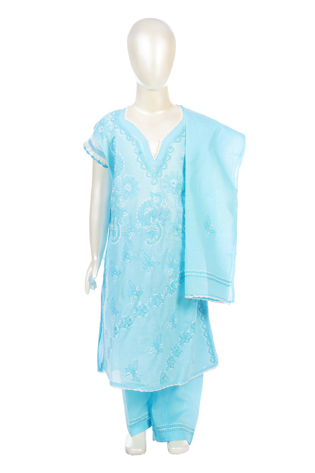 Silakaari Shifa Blue-White Pure Cotton Lucknowi ChikanKari Kurti Pant With Dupatta Set For Girls