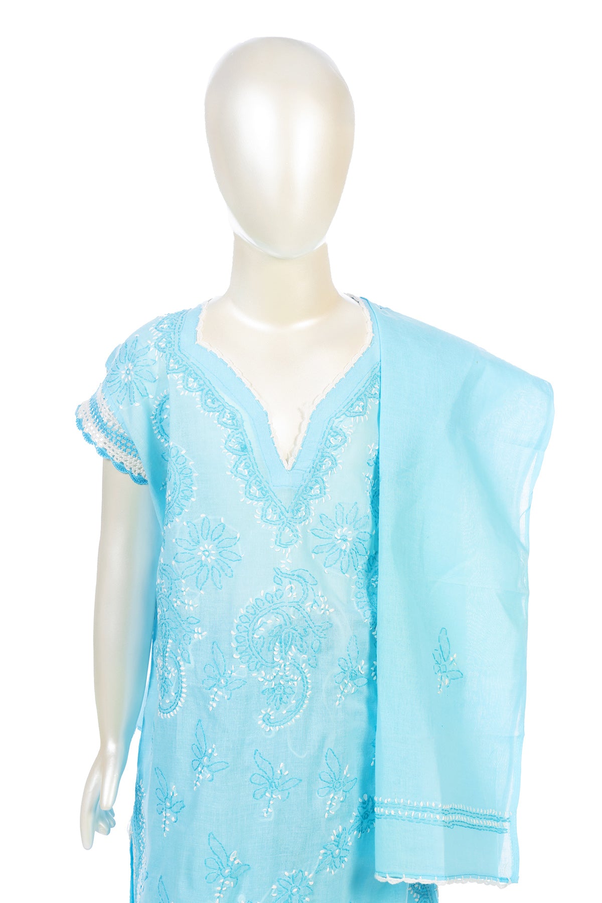 Silakaari Shifa Blue-White Pure Cotton Lucknowi ChikanKari Kurti Pant With Dupatta Set For Girls