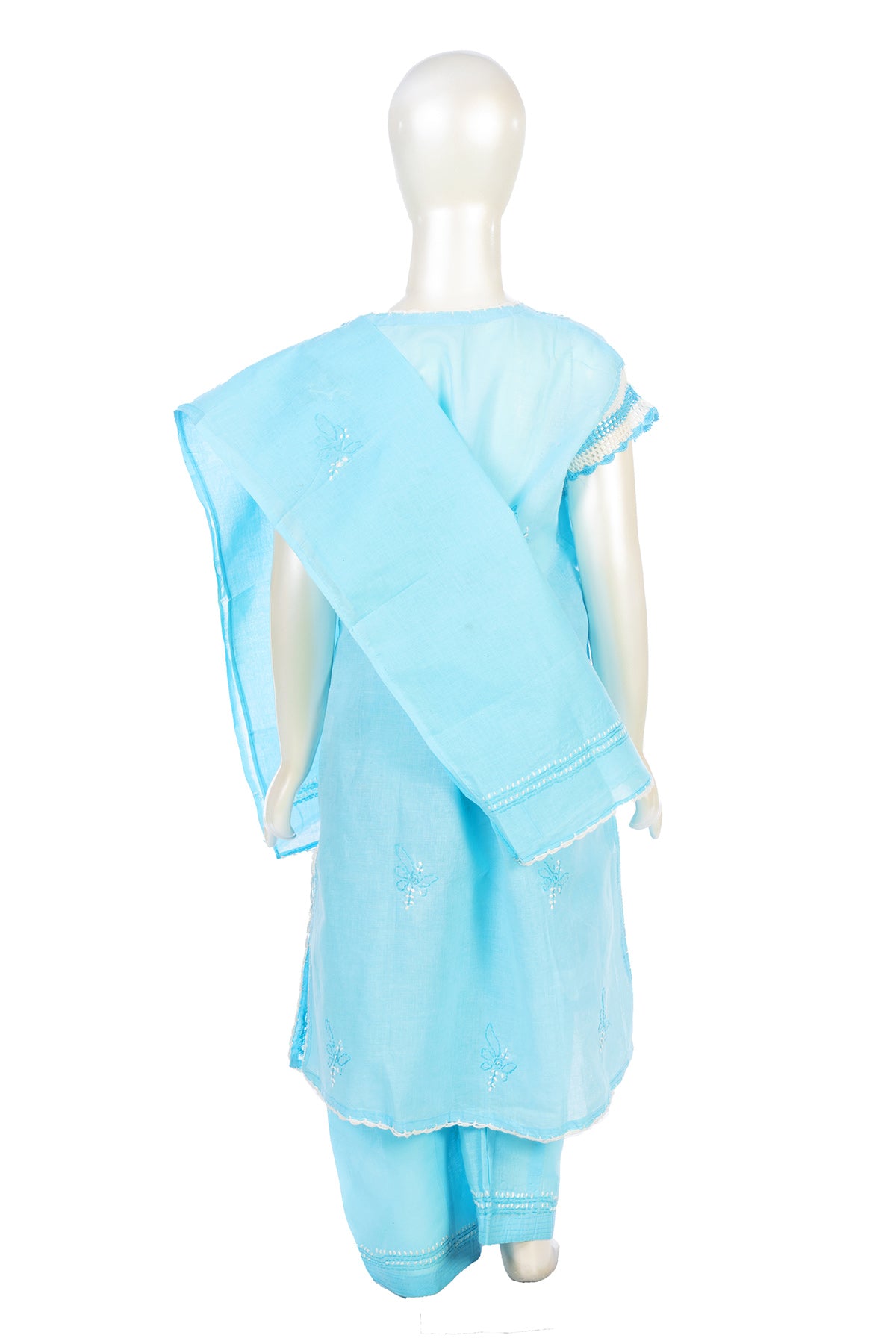 Silakaari Shifa Blue-White Pure Cotton Lucknowi ChikanKari Kurti Pant With Dupatta Set For Girls