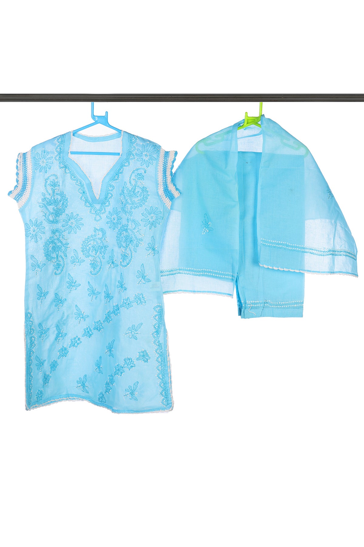 Silakaari Shifa Blue-White Pure Cotton Lucknowi ChikanKari Kurti Pant With Dupatta Set For Girls